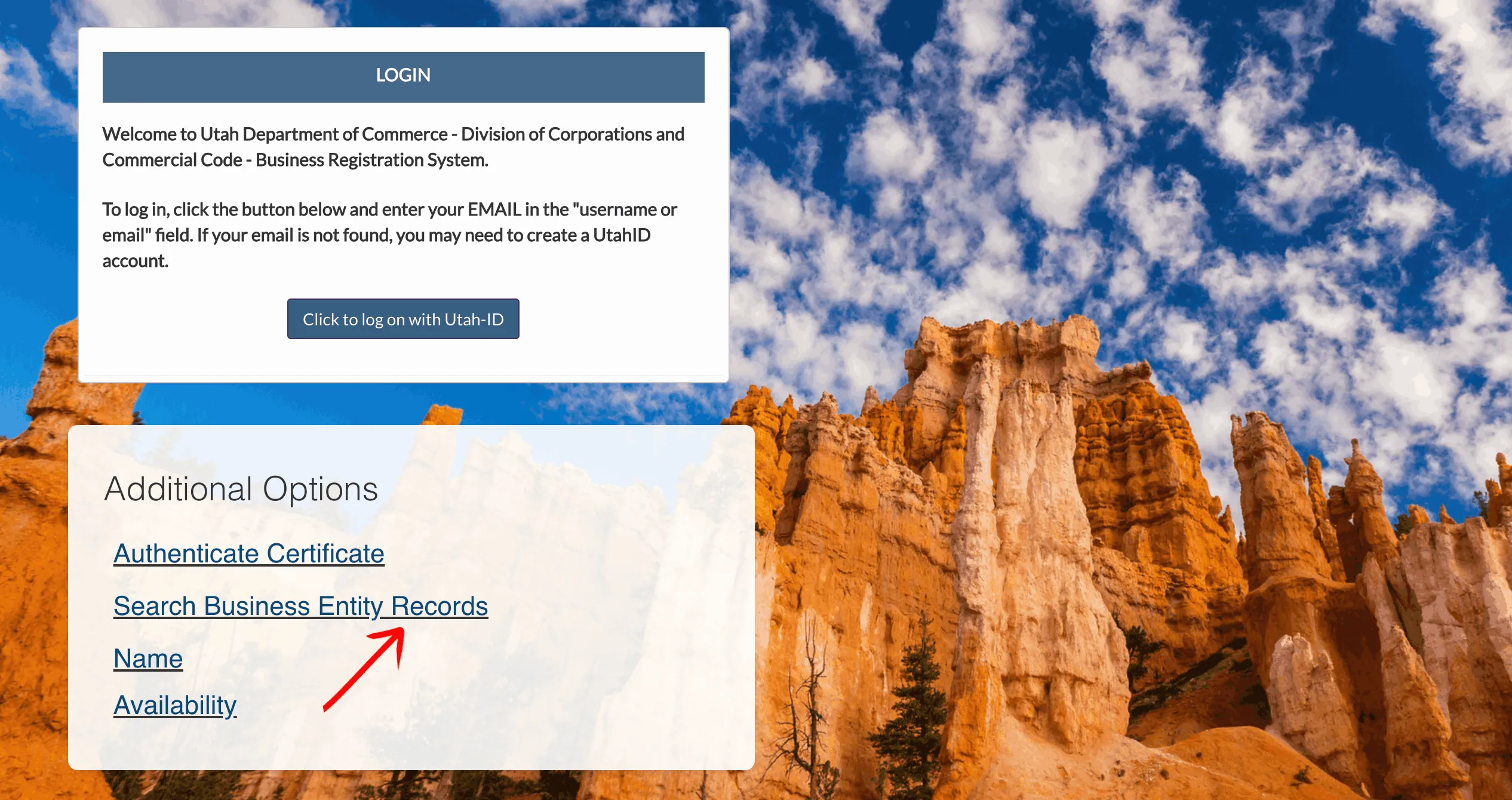 Utah business registration login landing page highlighting Search Business Entity Records under Additional Options