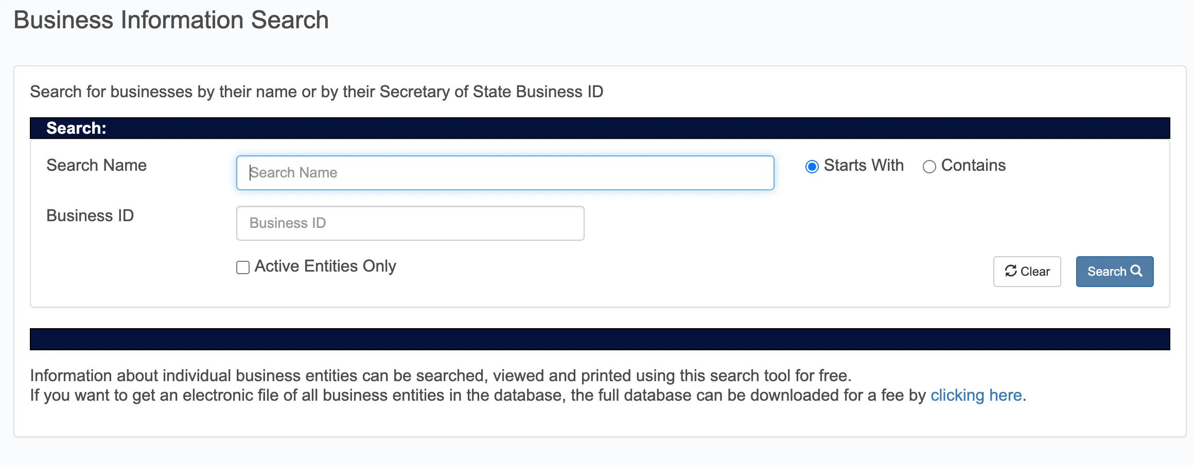 South Dakota Business Information Search portal landing page