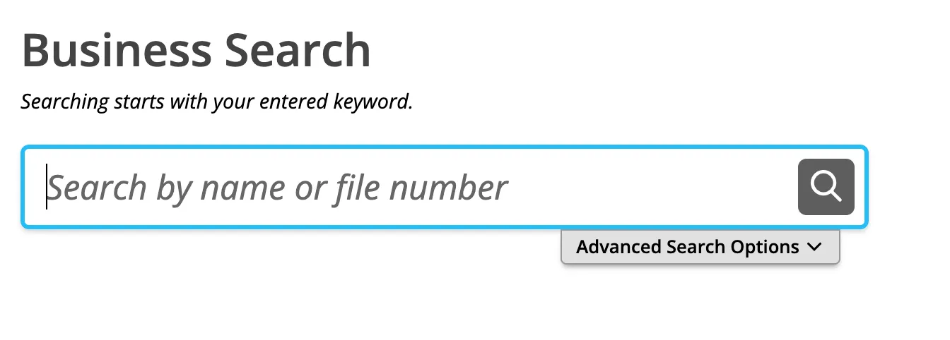 Idaho SOSBiz Business Search page with a search box for name or file number
