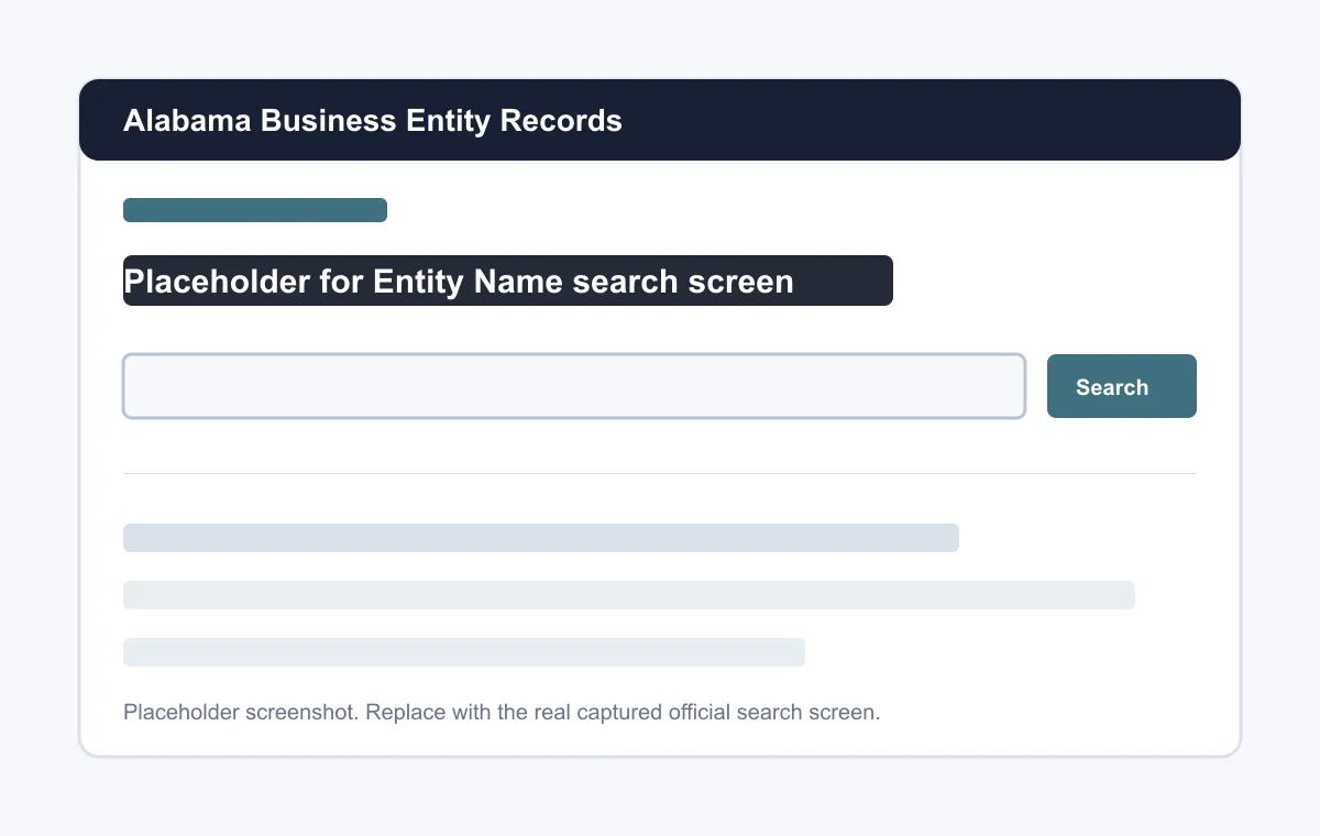 Placeholder screenshot showing the Alabama Secretary of State Business Entity Records search options