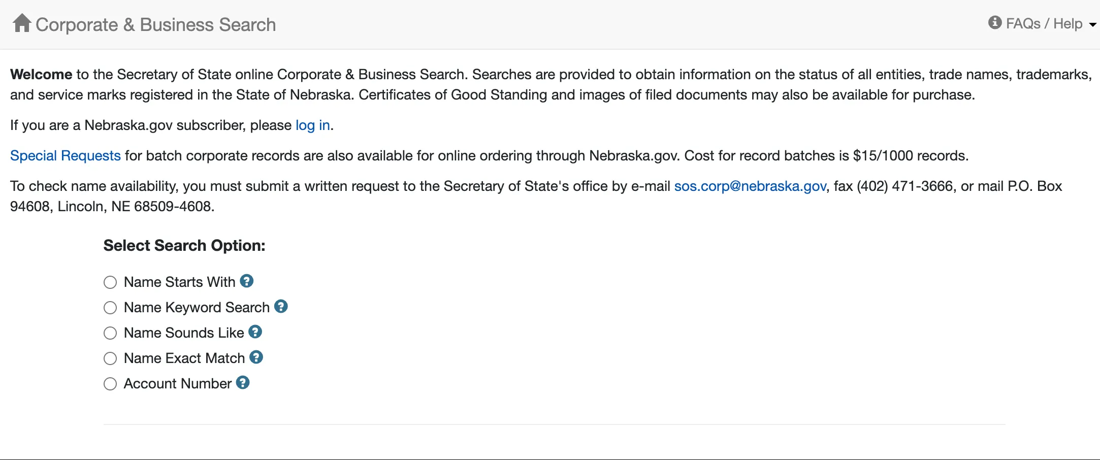 Nebraska Secretary of State Business Entity Search landing page