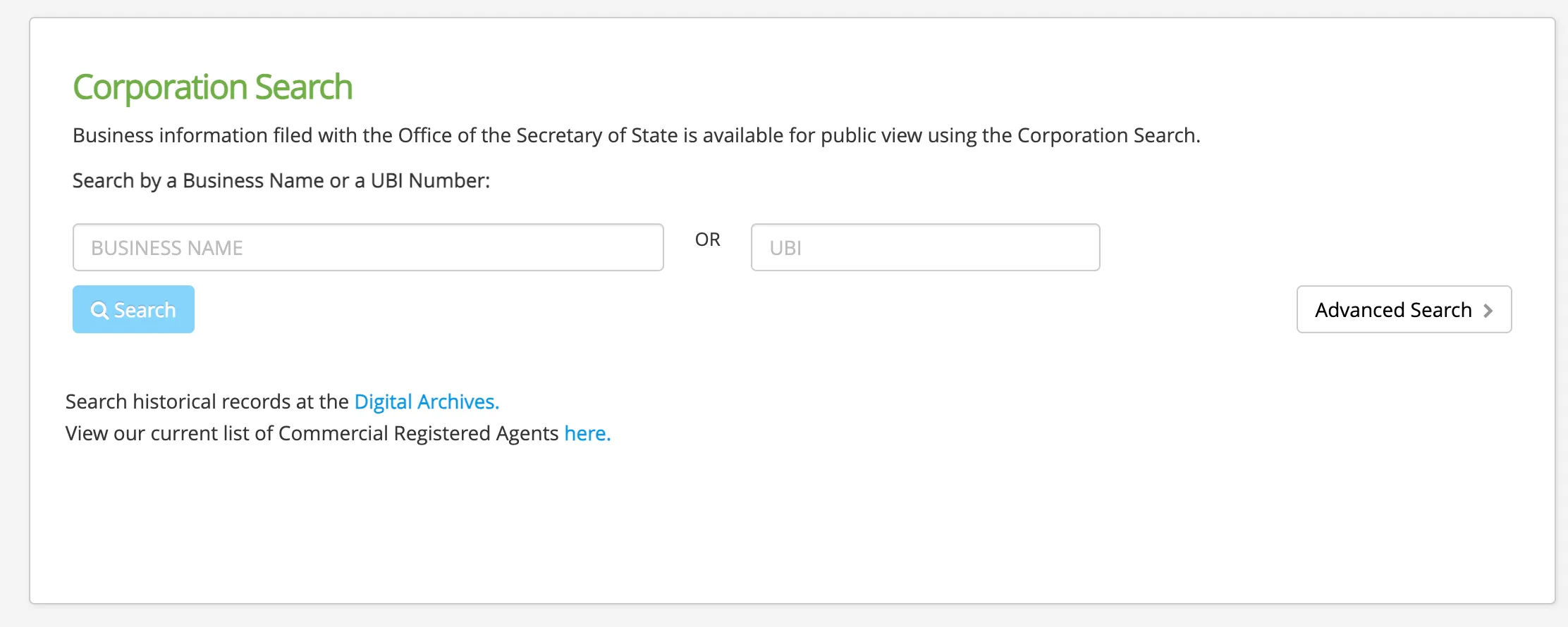 Washington Secretary of State Corporation Search landing page