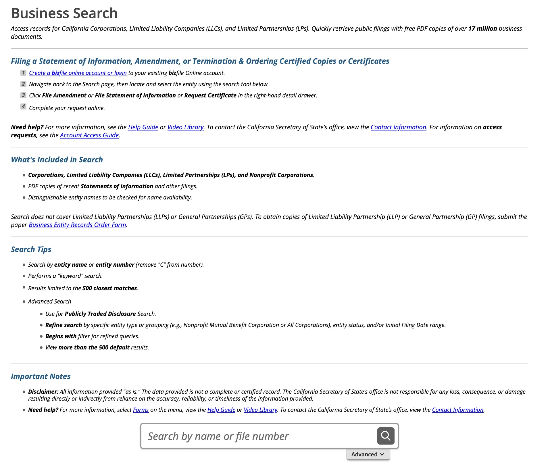 California Secretary of State bizfileOnline Business Search page