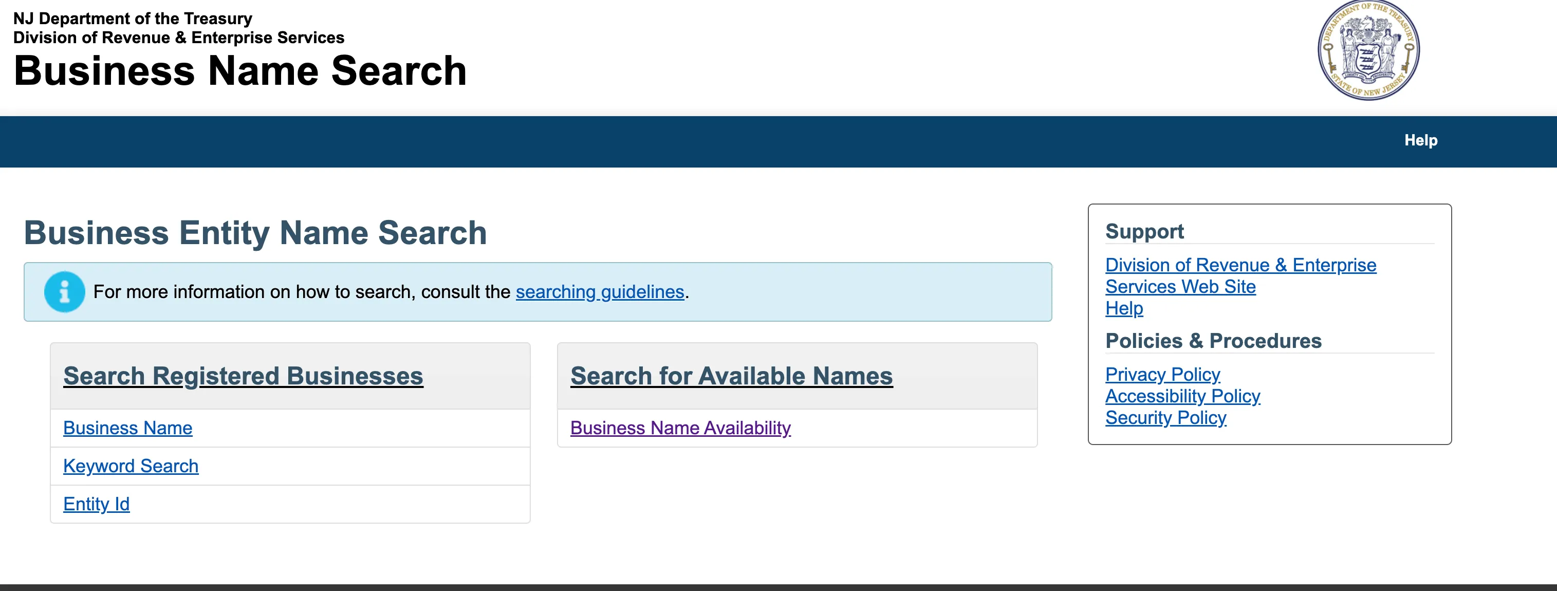 New Jersey Business Entity Name Search portal landing page