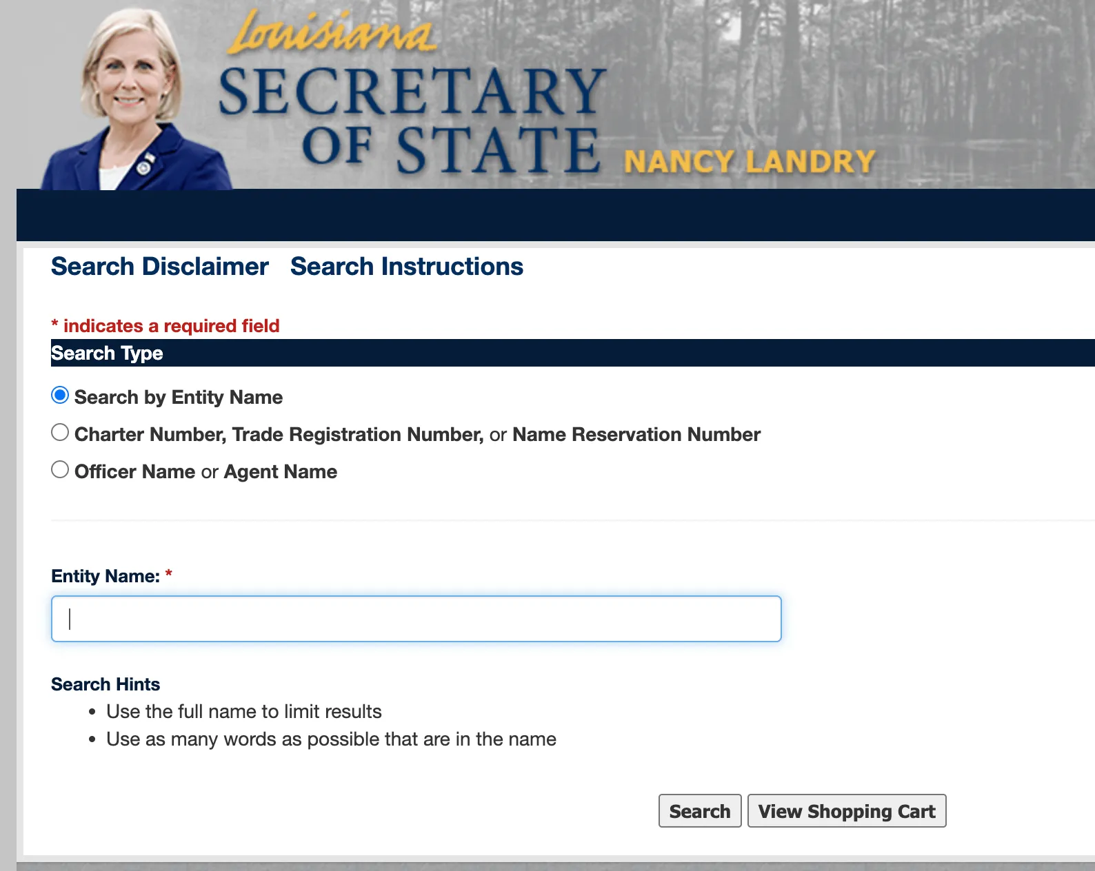 Louisiana Secretary of State Commercial Search page