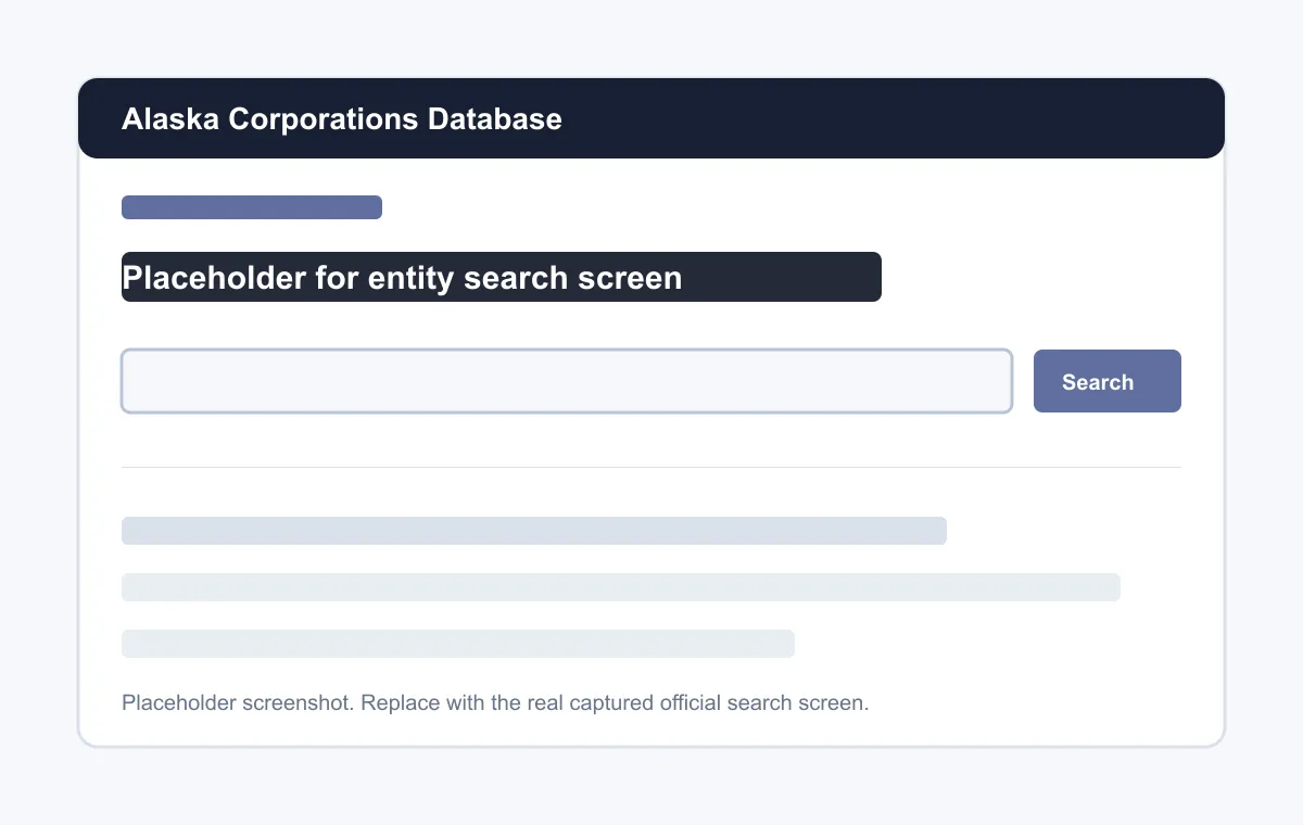 Placeholder screenshot showing the Alaska Corporations Database entity search screen