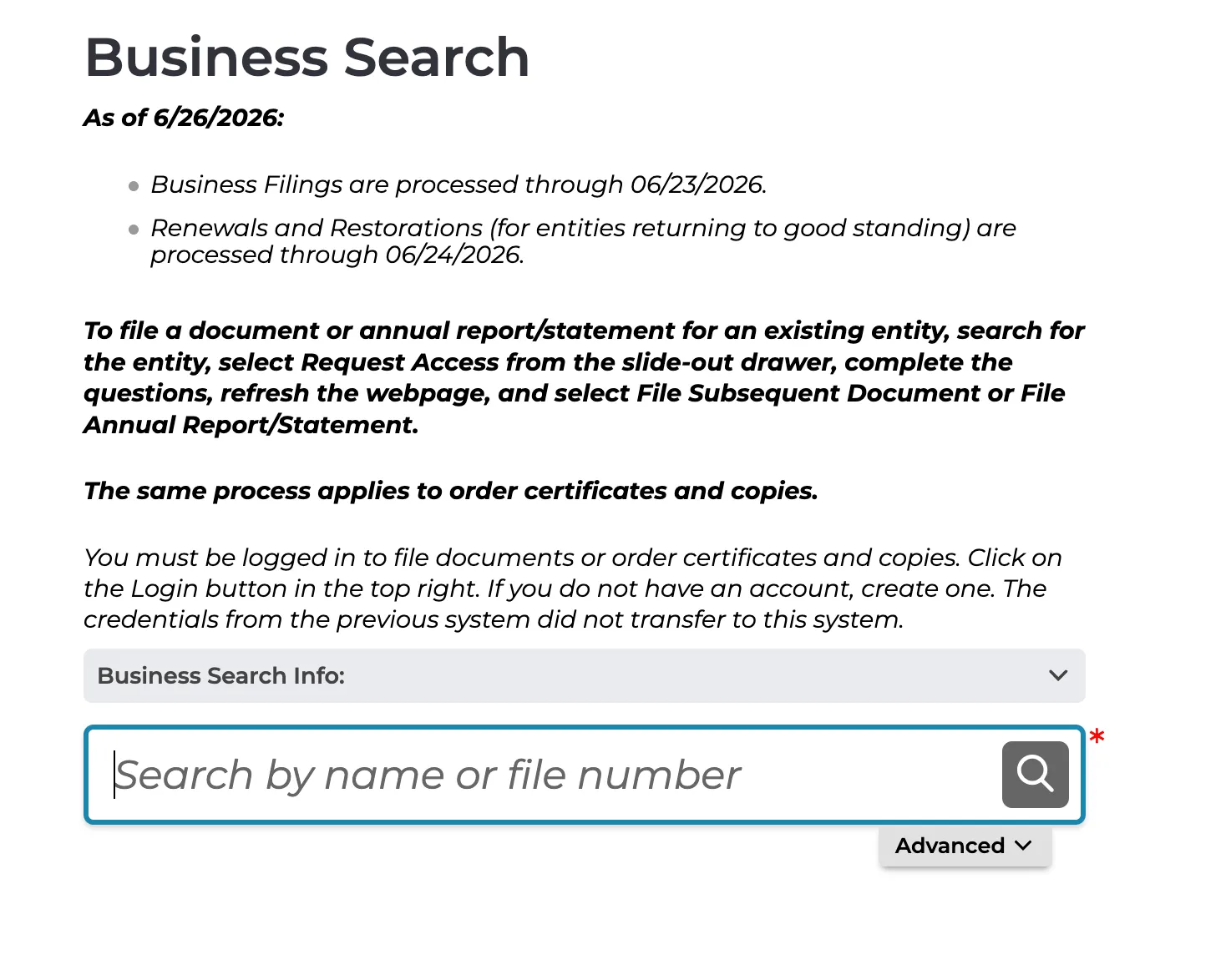 Michigan Department of Licensing and Regulatory Affairs LARA Business Search landing page