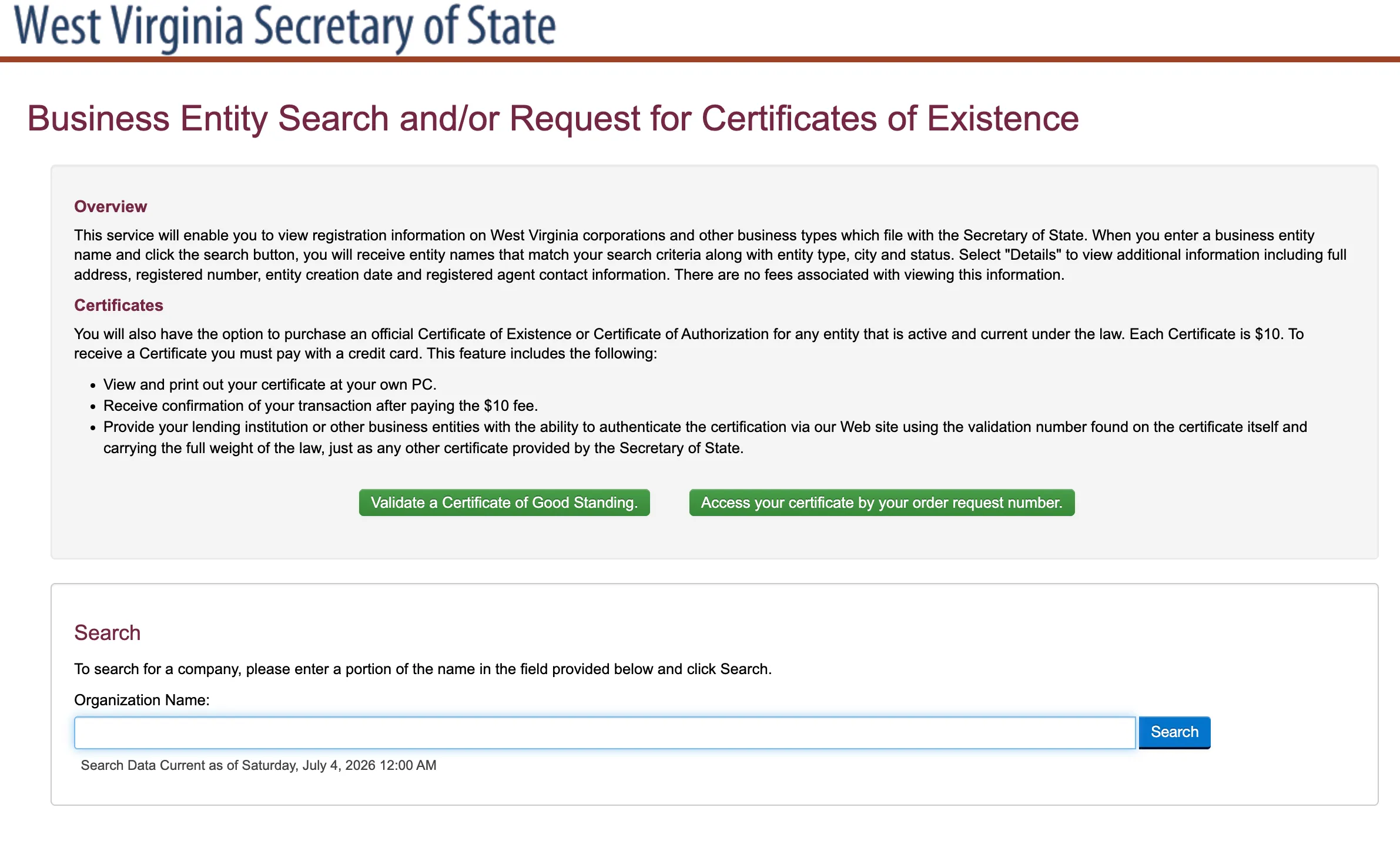 West Virginia Secretary of State Business Entity Search landing page