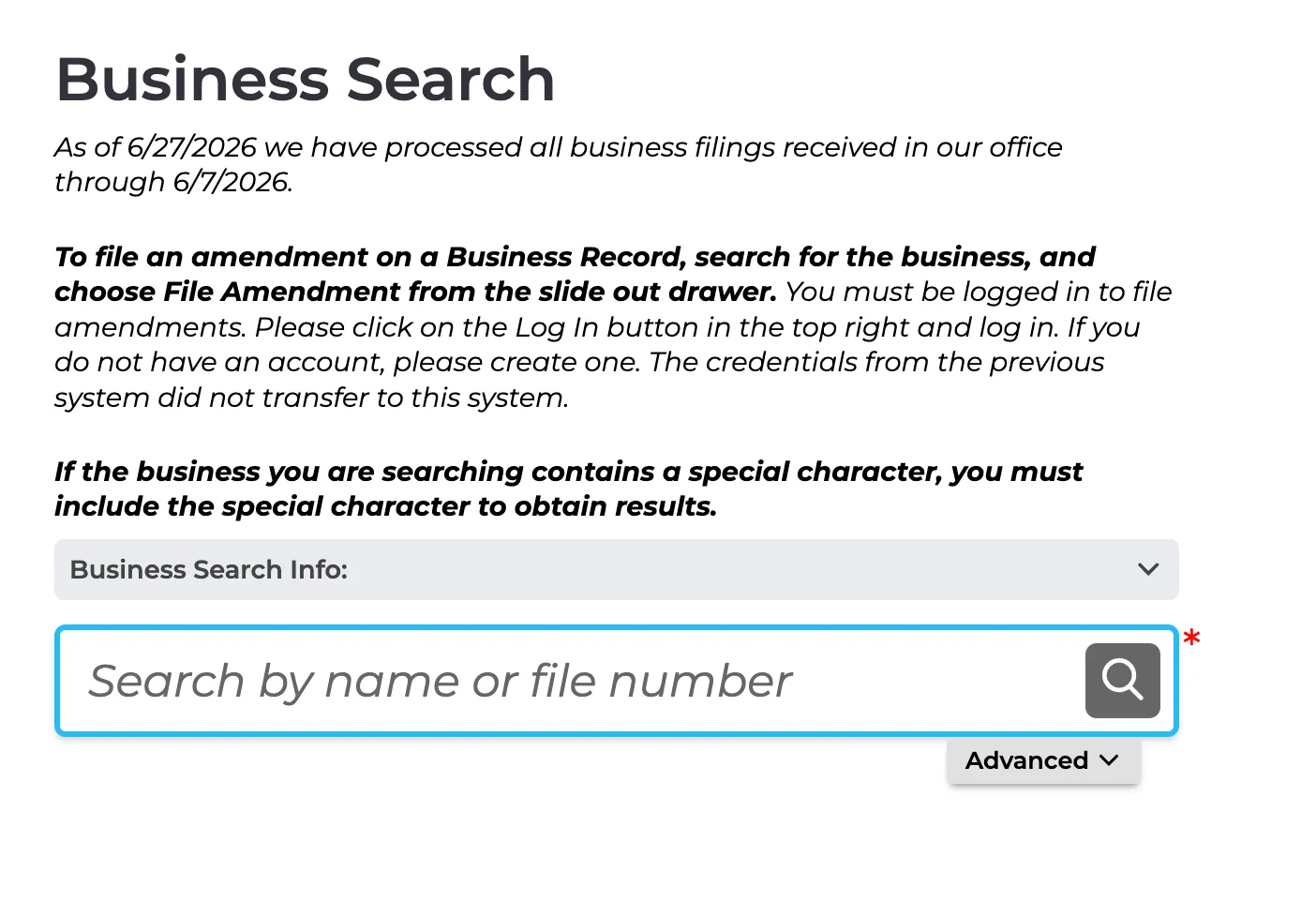 New Mexico Business Search portal landing page
