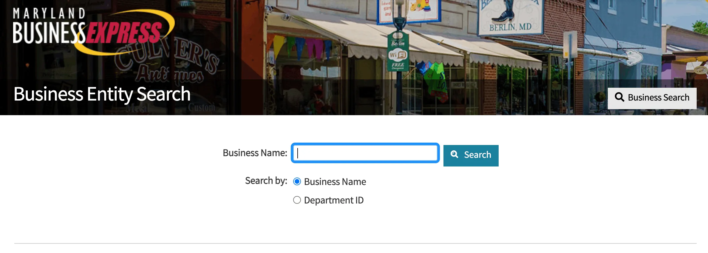 Maryland Business Express Entity Search landing page