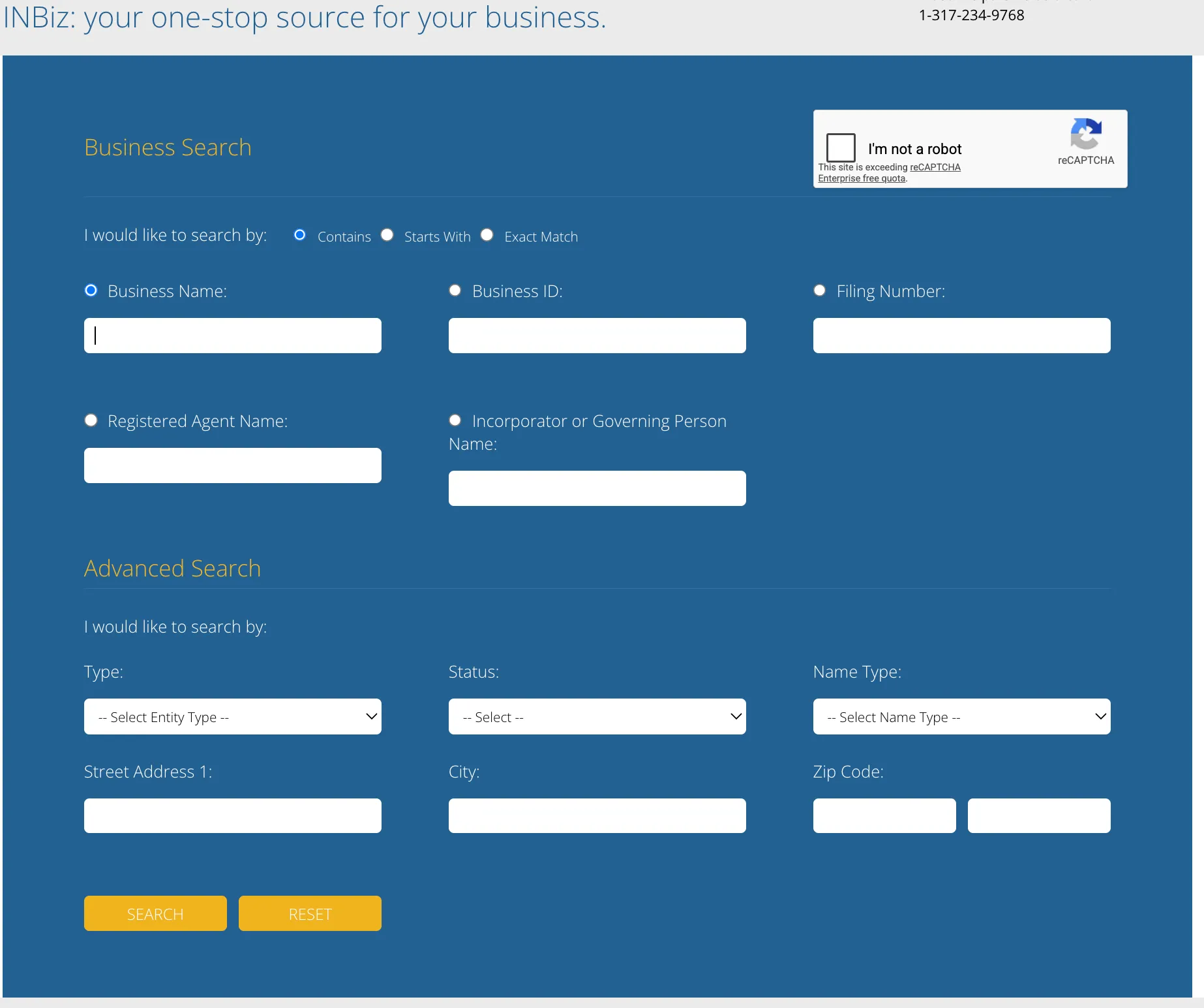 Indiana INBiz Business Search page with name, identifier, agent, governing person, and advanced search fields