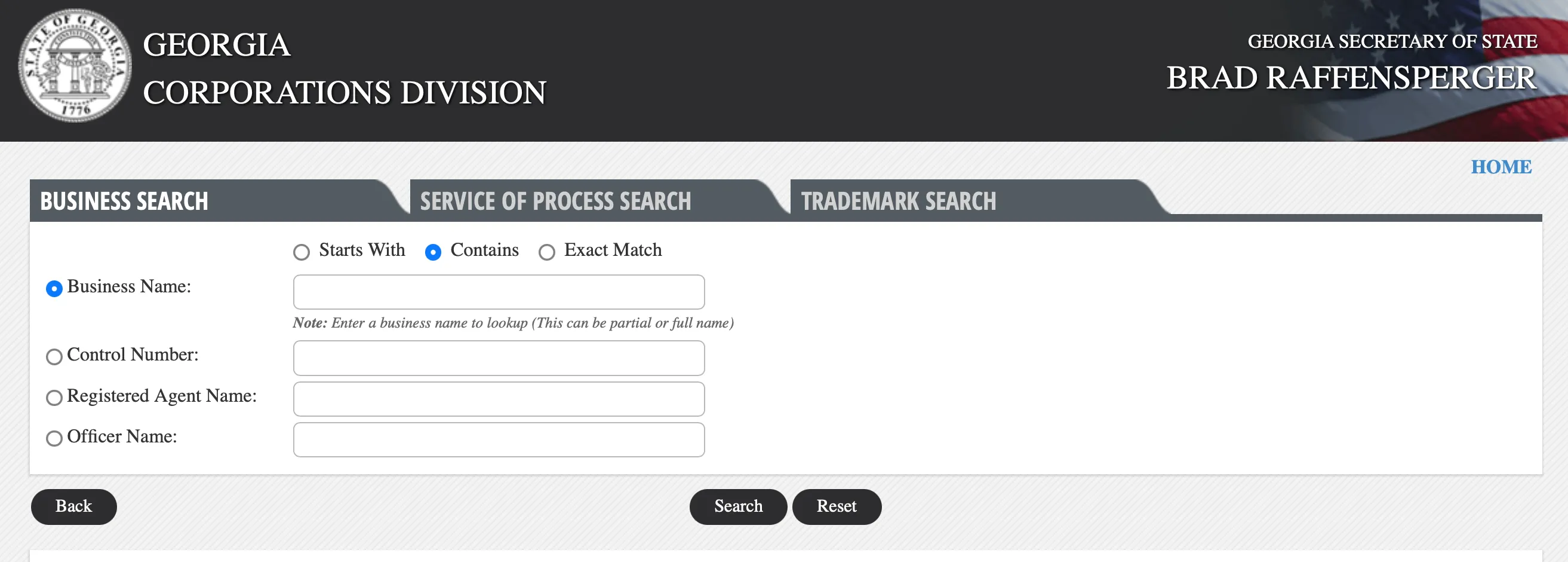 Georgia Secretary of State Corporations Division Business Entity Search landing page