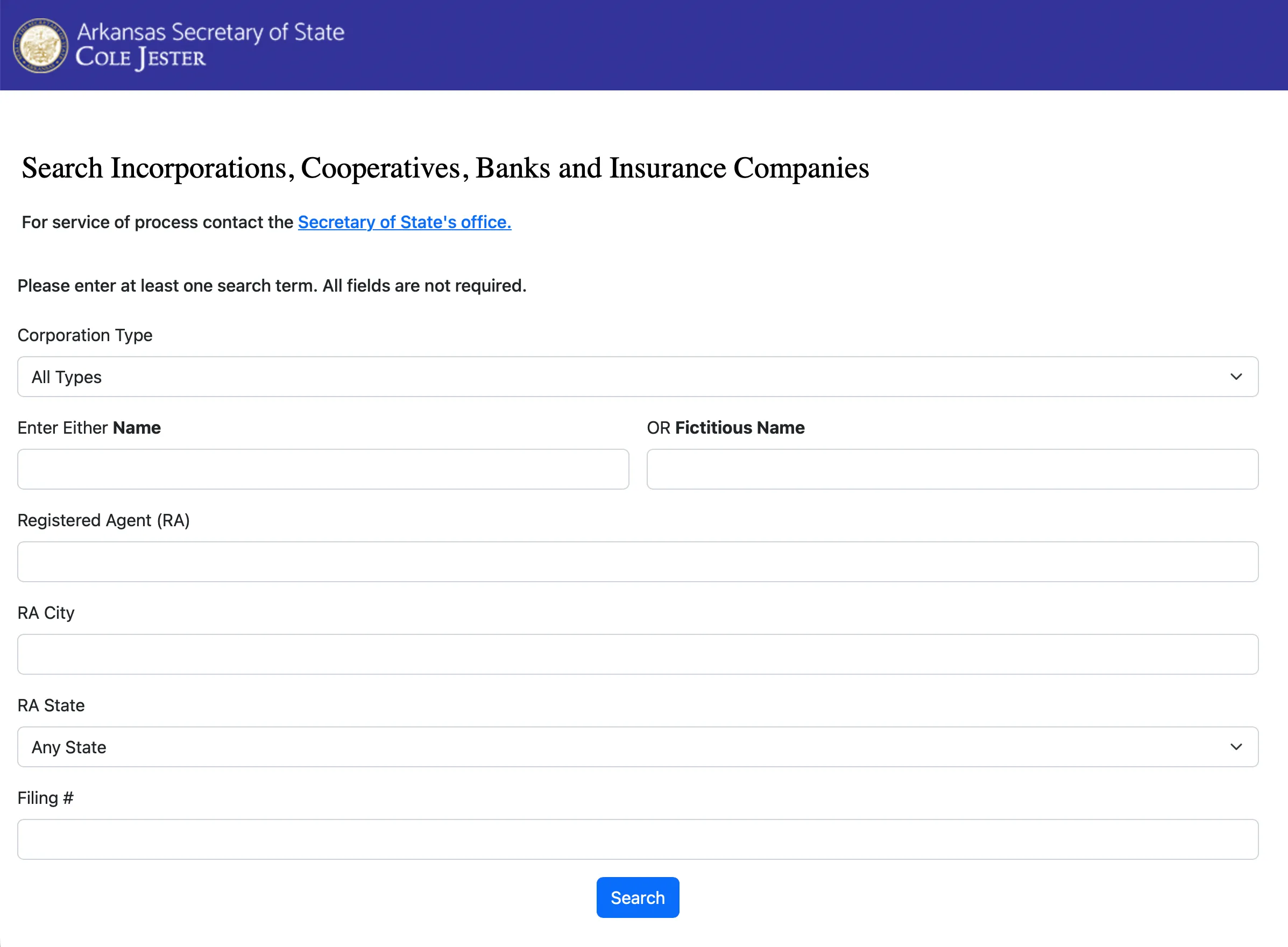 Arkansas Secretary of State business entity search portal