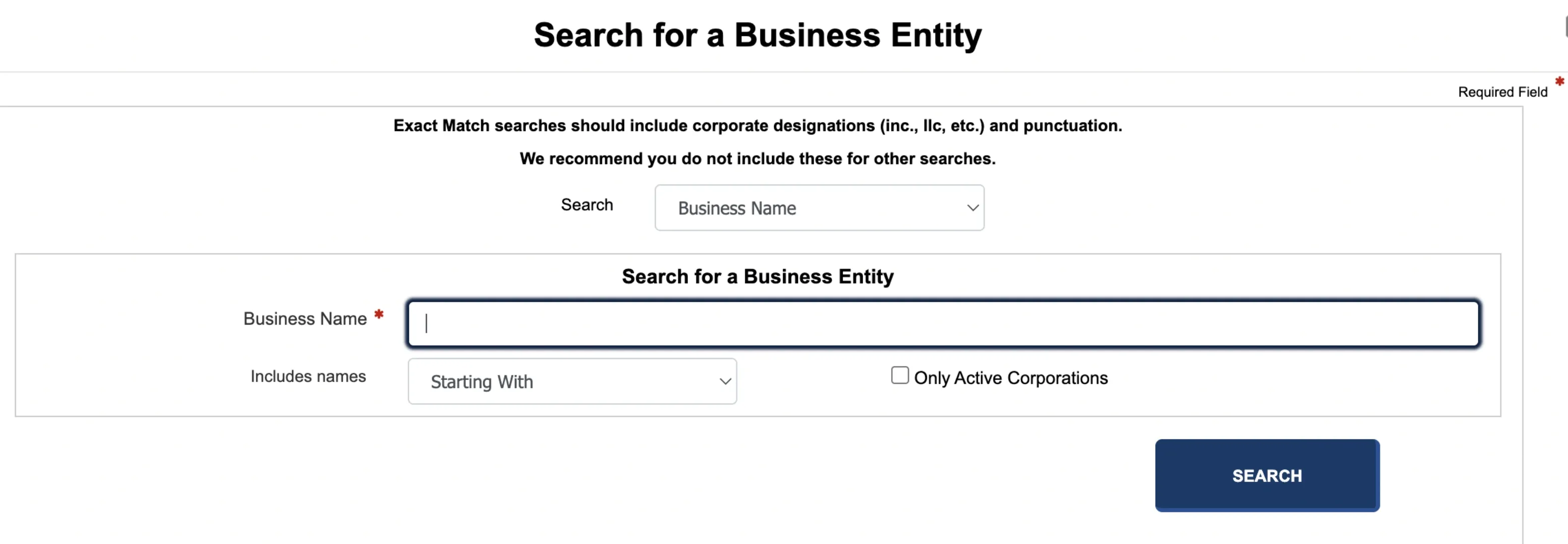 Missouri Secretary of State Business Entity Search landing page
