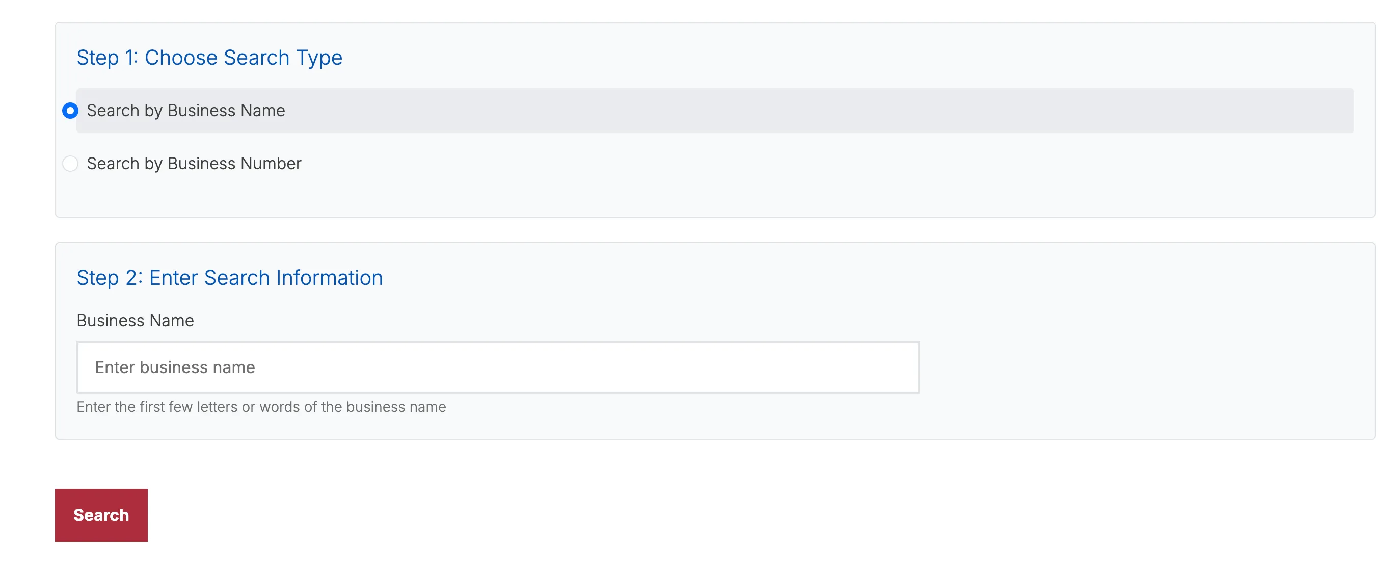 Iowa Secretary of State Business Entity Search form with Business Name and Business Number options