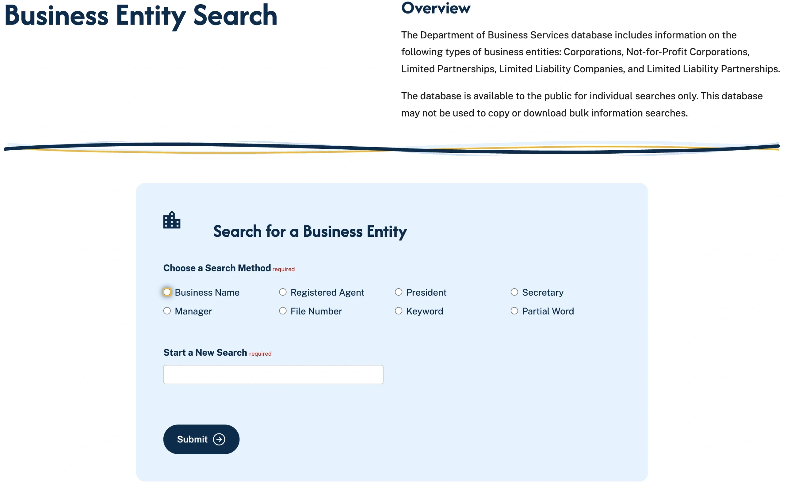 Illinois Secretary of State Business Entity Search page with the search form and database overview