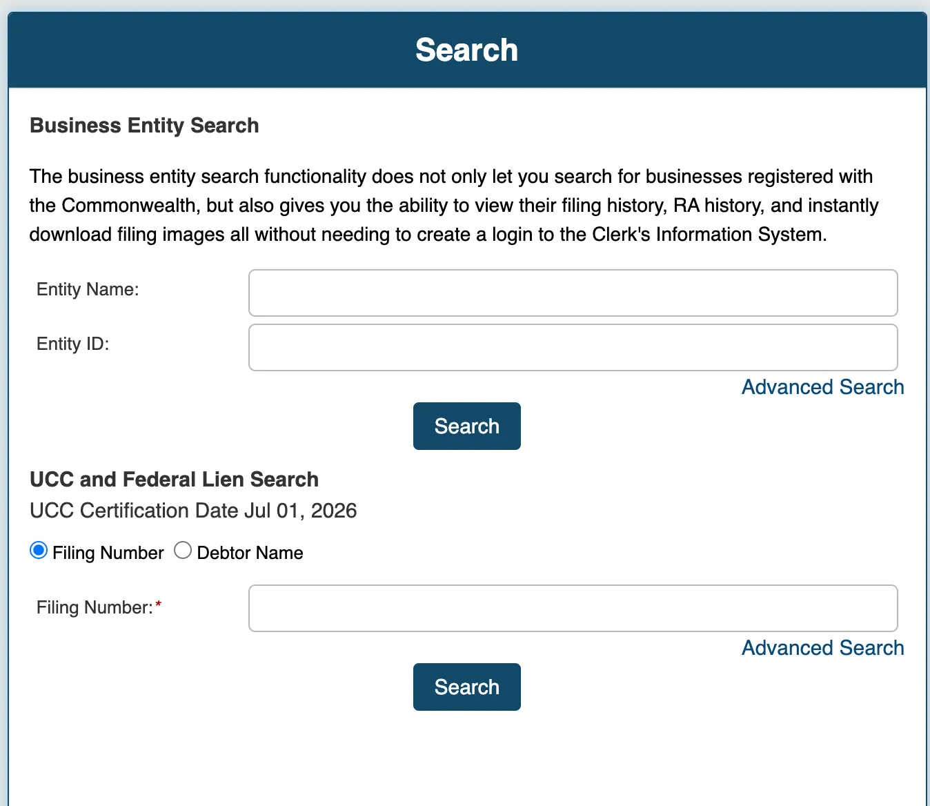 Virginia Clerk's Information System Business Entity Search landing page