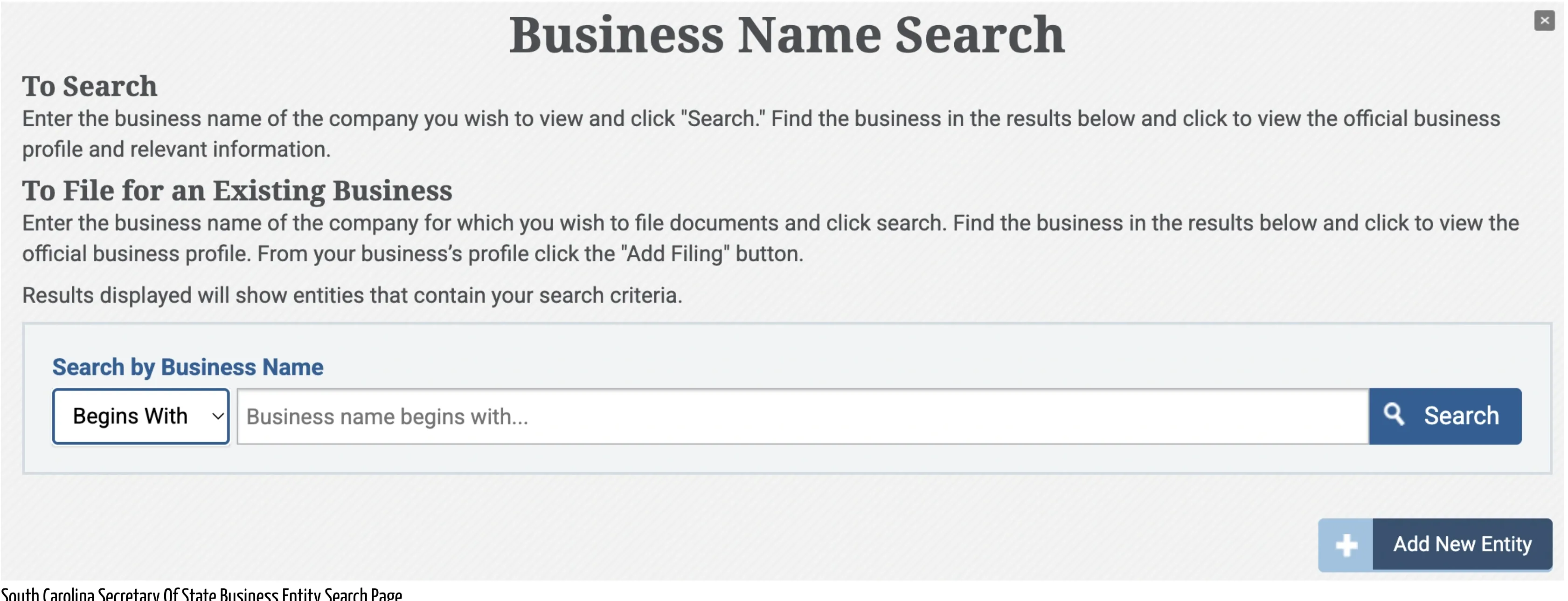South Carolina Business Filings search portal landing page