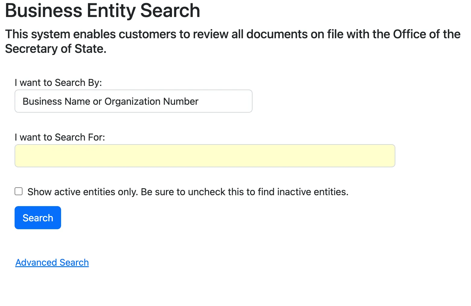 Kentucky Secretary of State Business Entity Search page