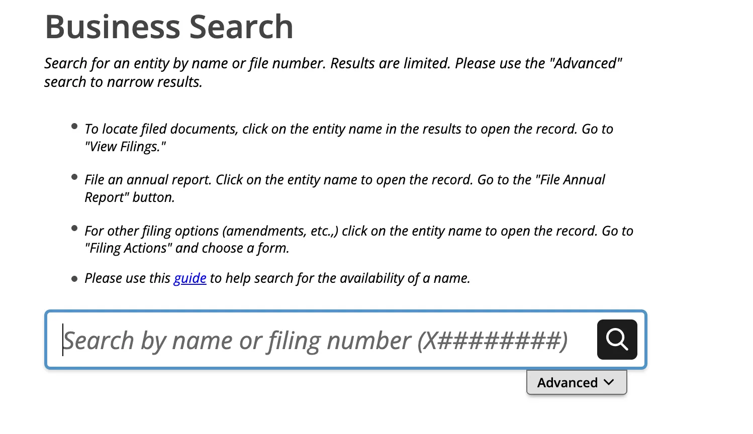 Montana Secretary of State Business Search landing page