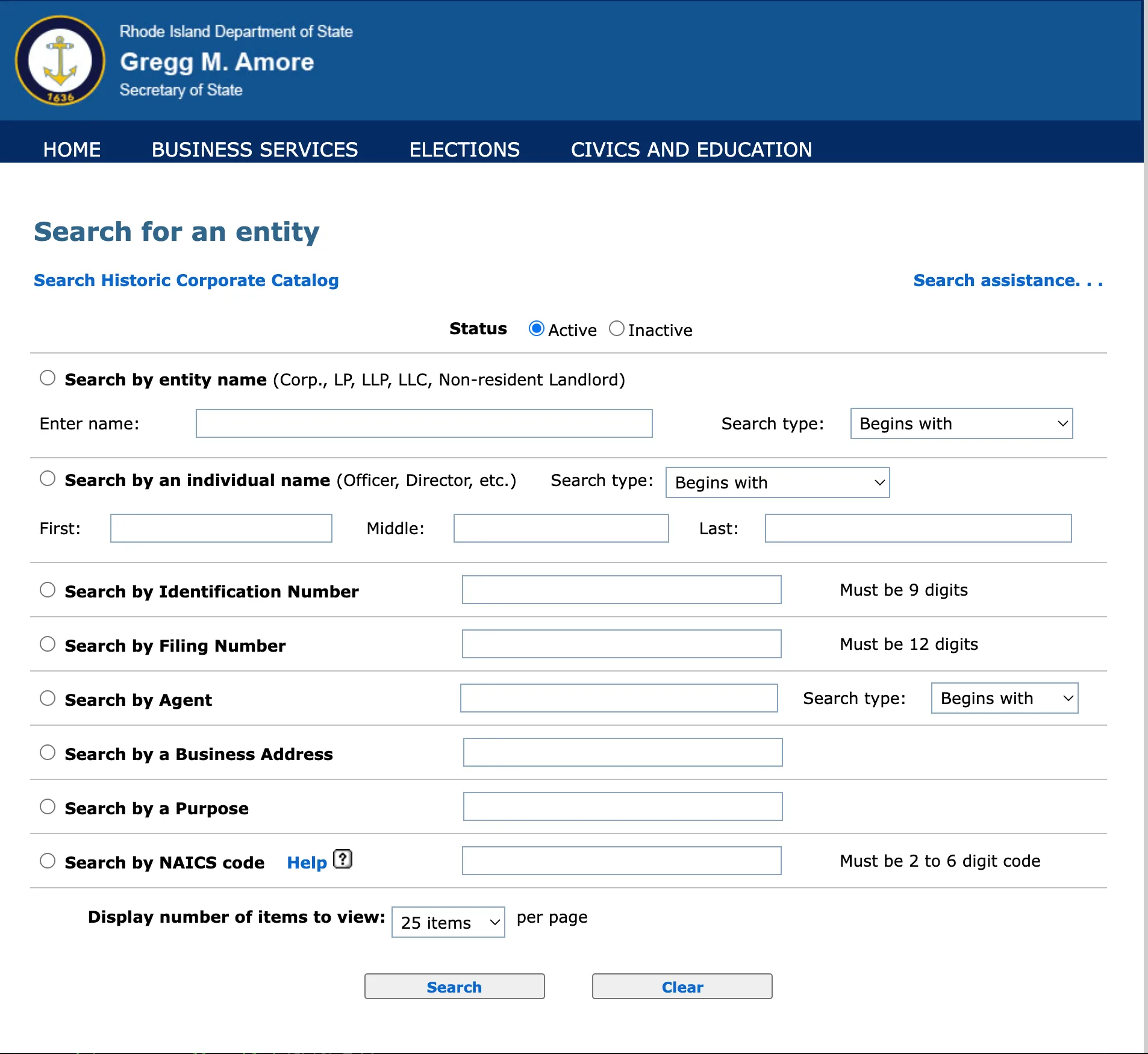 Rhode Island Business Search landing page