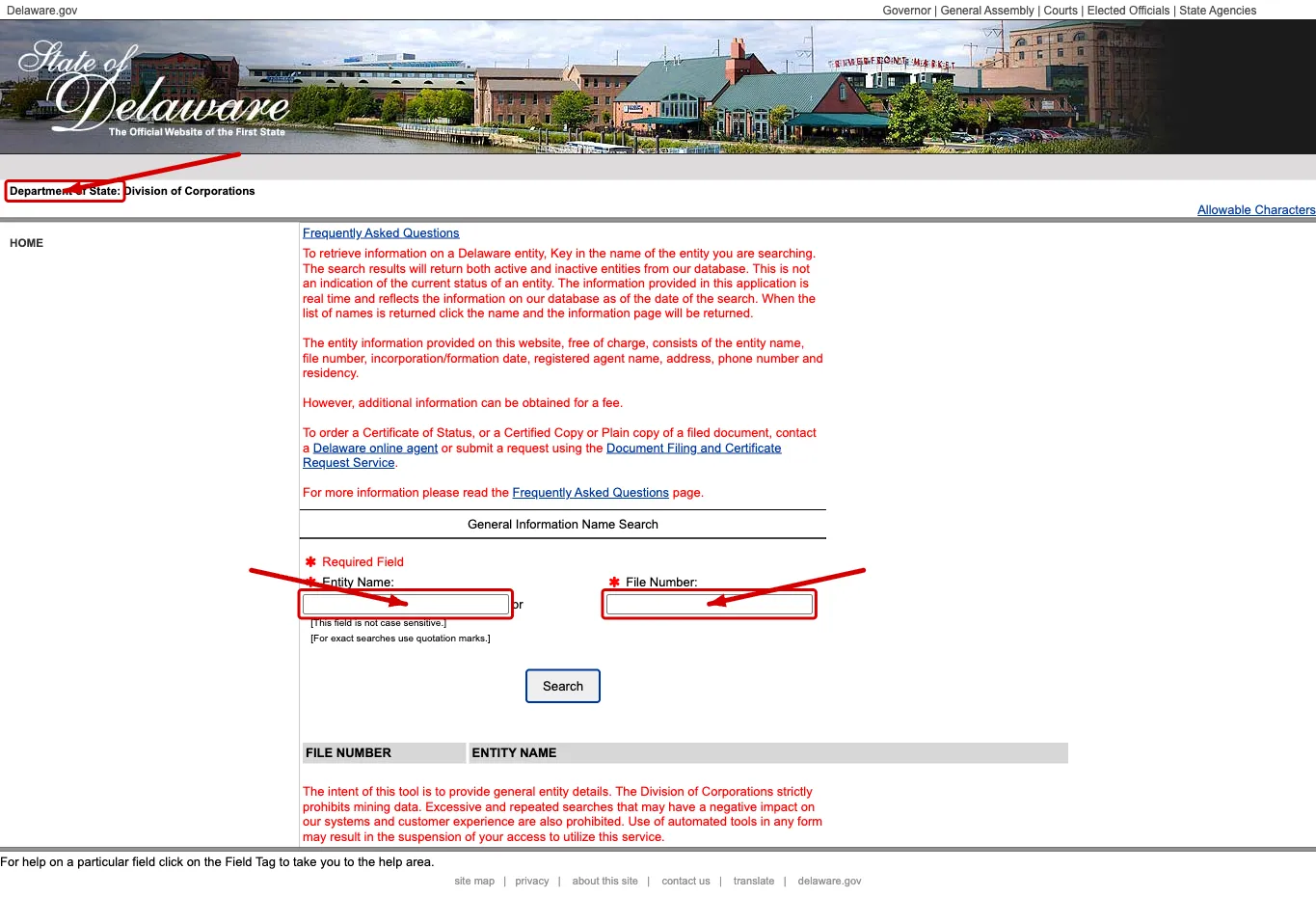 Delaware Division of Corporations Business Entity Search page