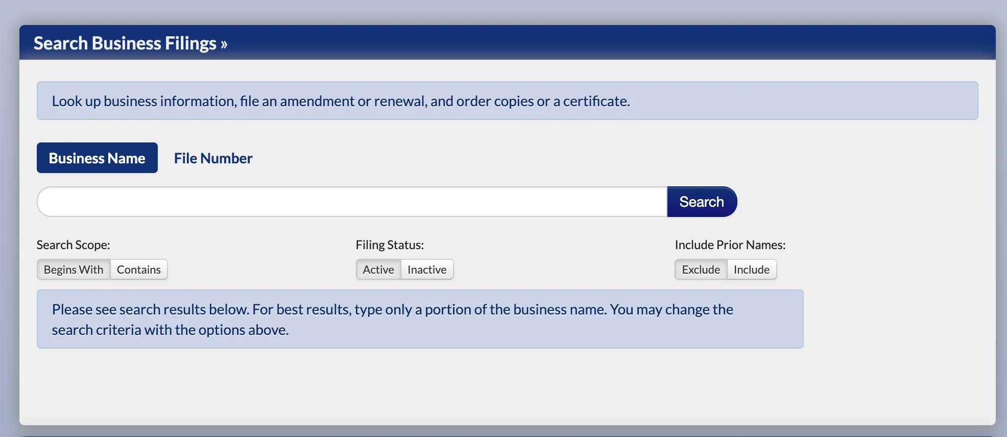 Minnesota Secretary of State Search Business Filings landing page