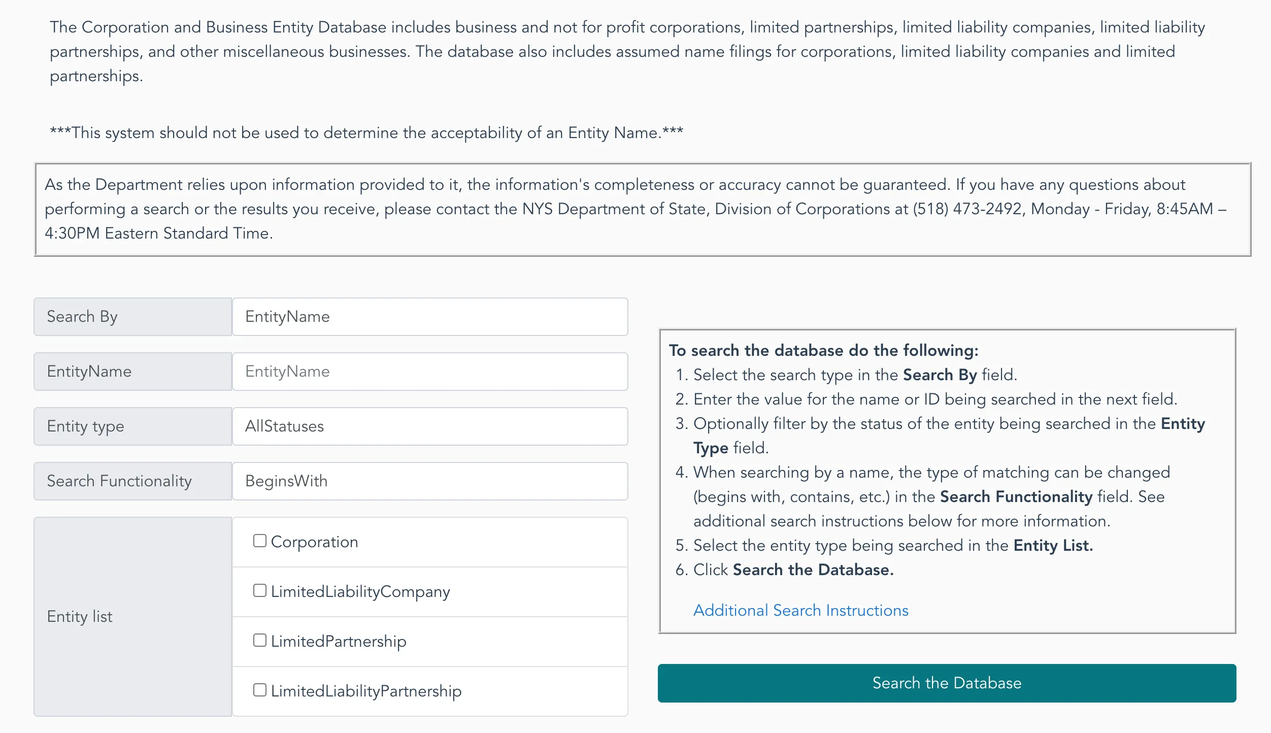 New York Division of Corporations Business Entity Search portal landing page