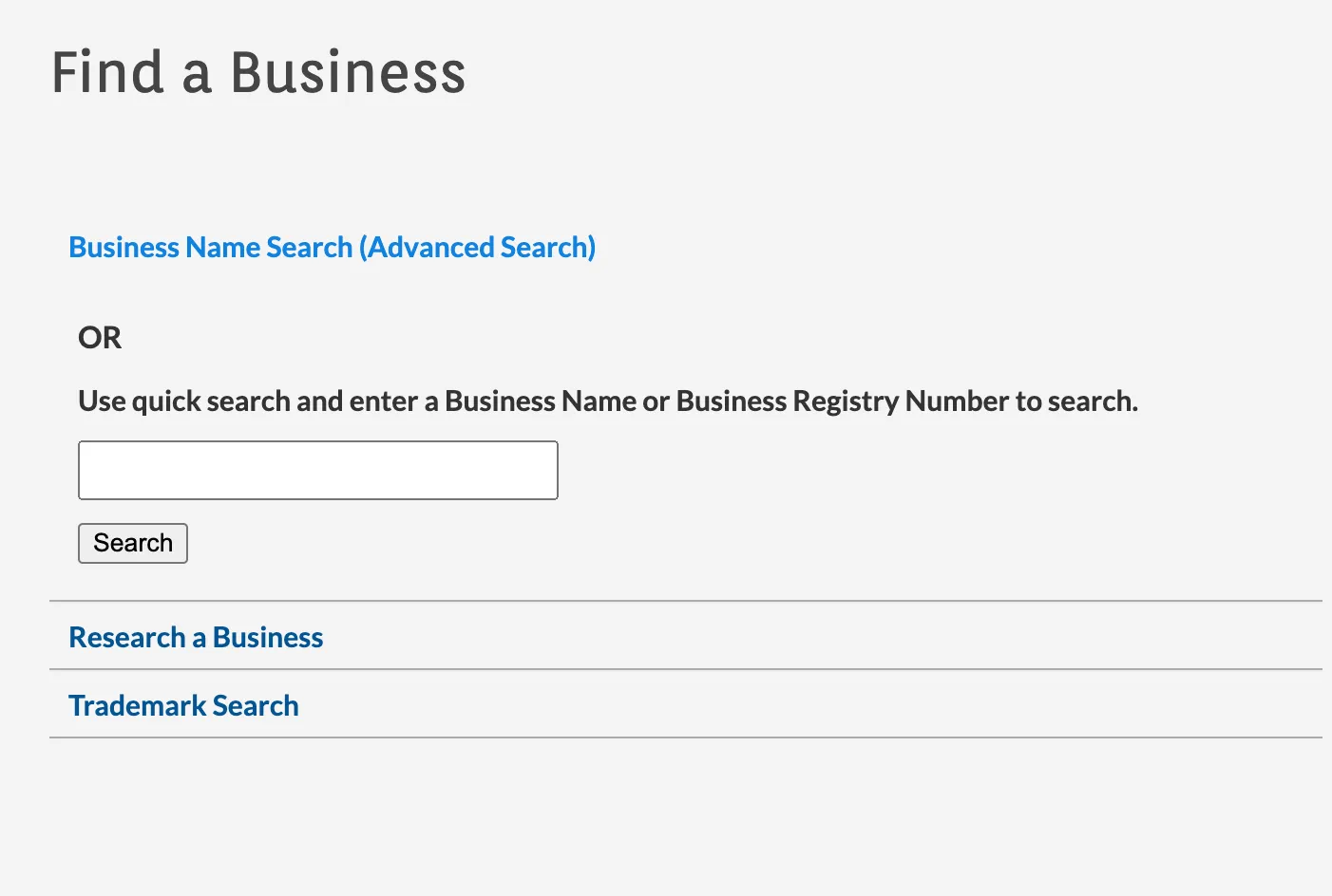 Oregon Business Registry Search portal landing page