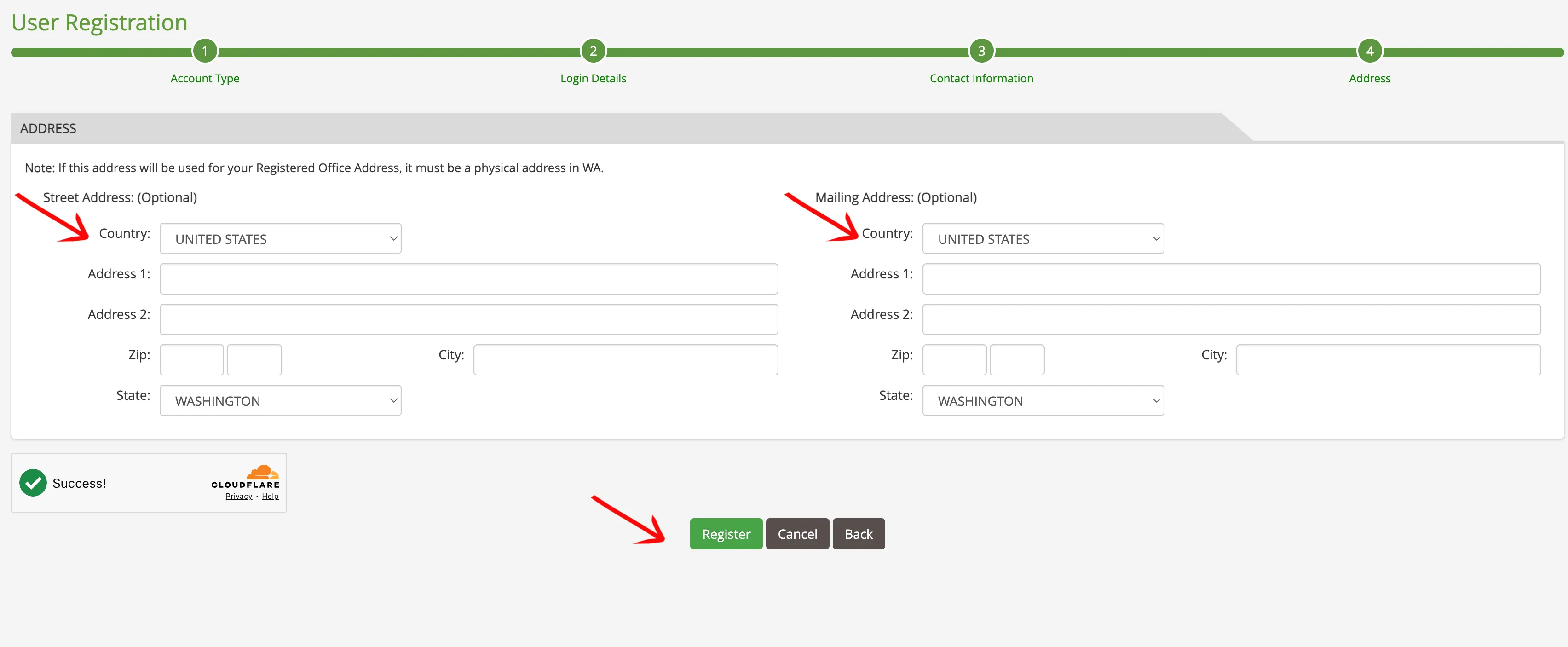 Washington registration page showing street address and mailing address fields