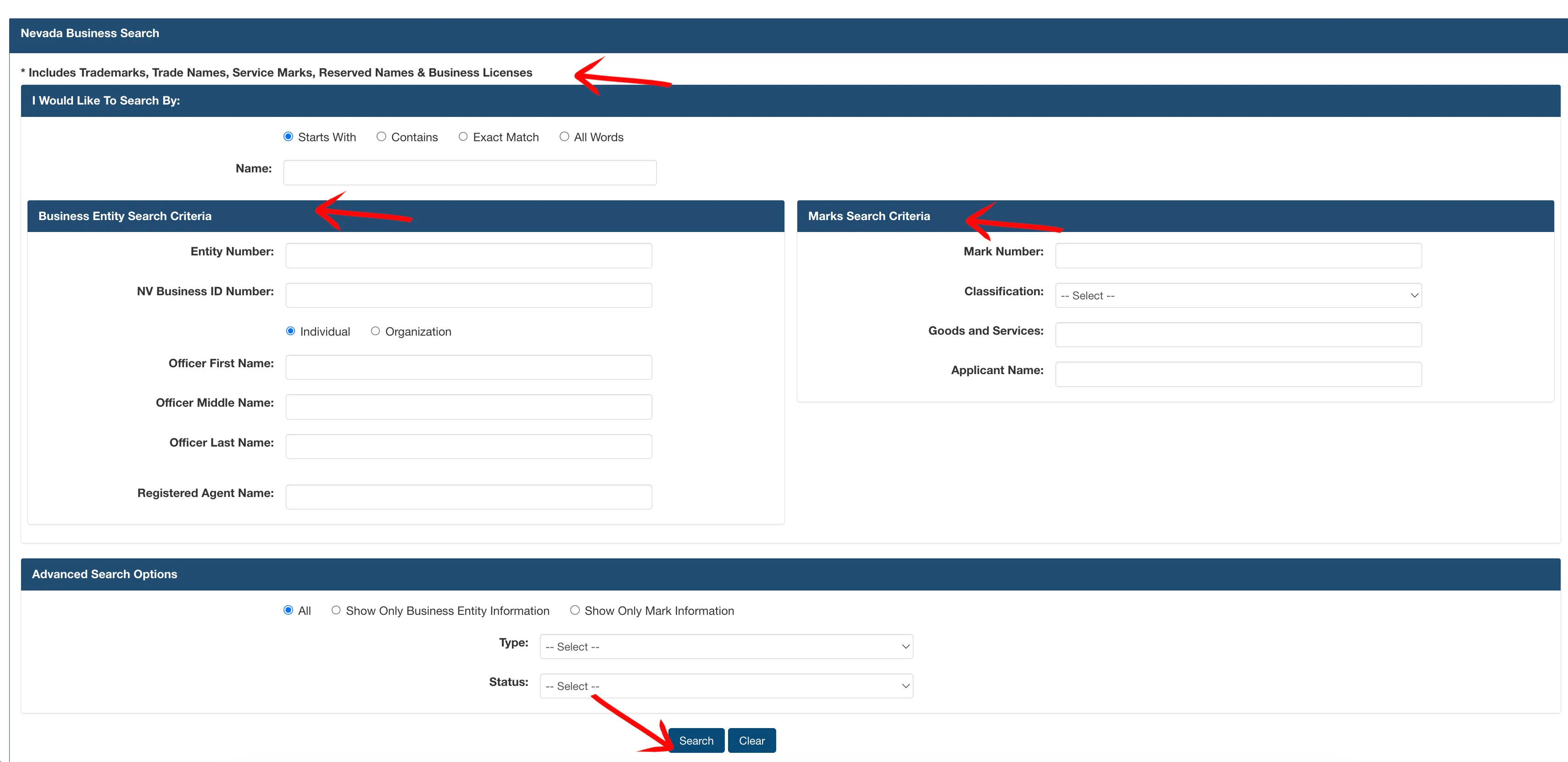 Nevada search options with selection fields and name query box