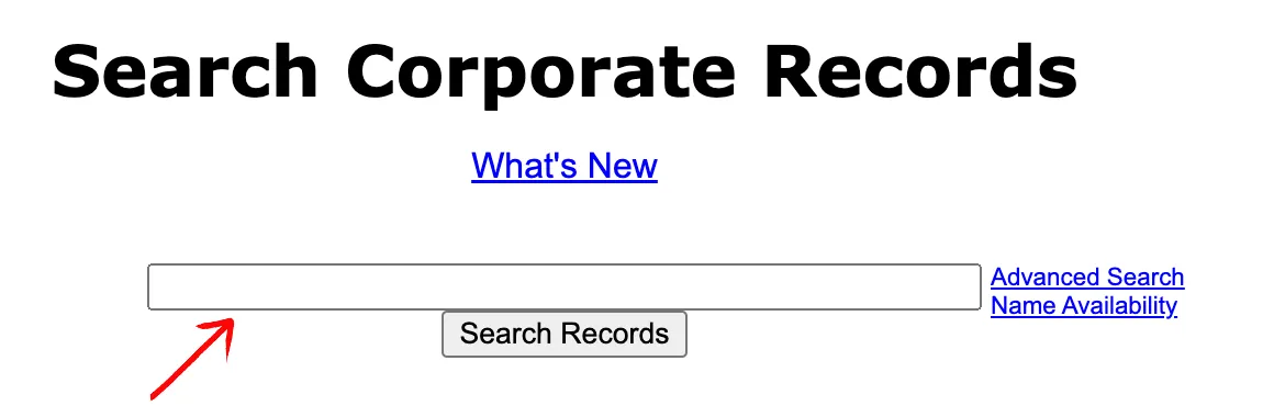 Wisconsin Corporate Records basic search box highlighted with an arrow