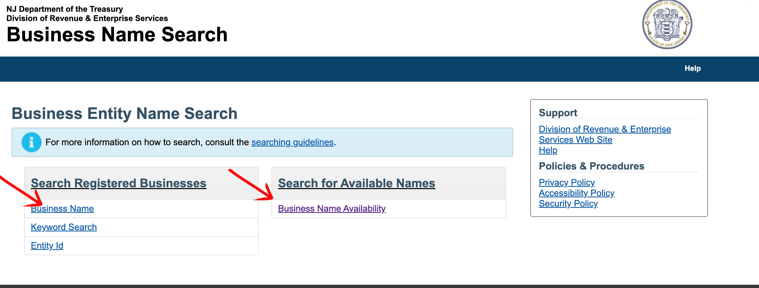 New Jersey search page highlighting the different query selection links