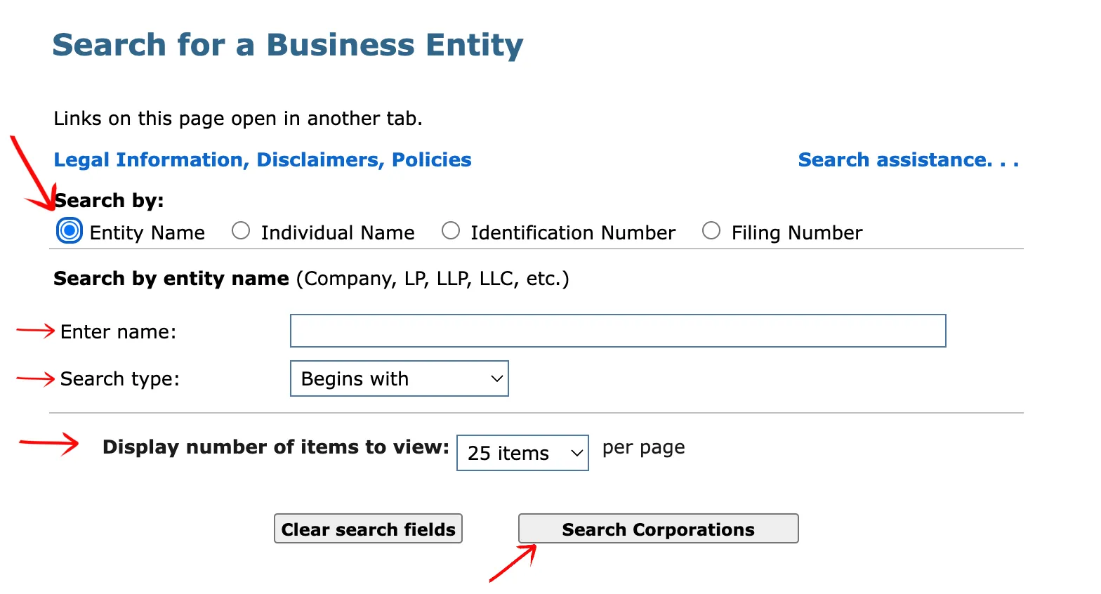 Massachusetts search page showing criteria options, drop-down menus, and search button