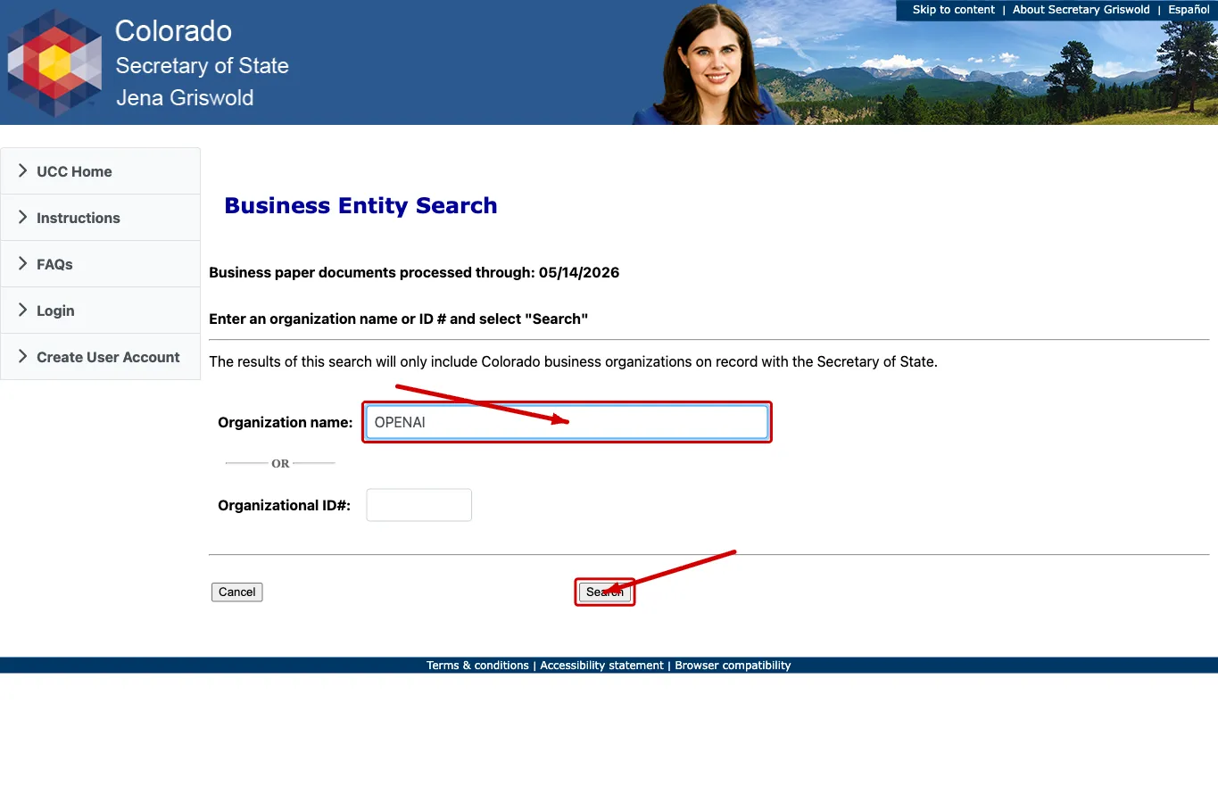 Colorado business search form with organization name and organizational ID number fields