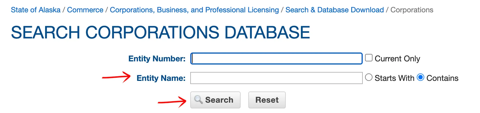 Alaska entity search parameters input