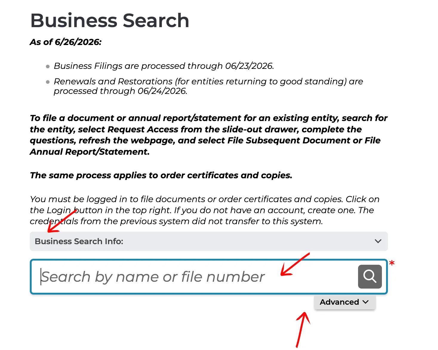 Michigan LARA Business Search field with guide arrows showing search input and advanced dropdown option