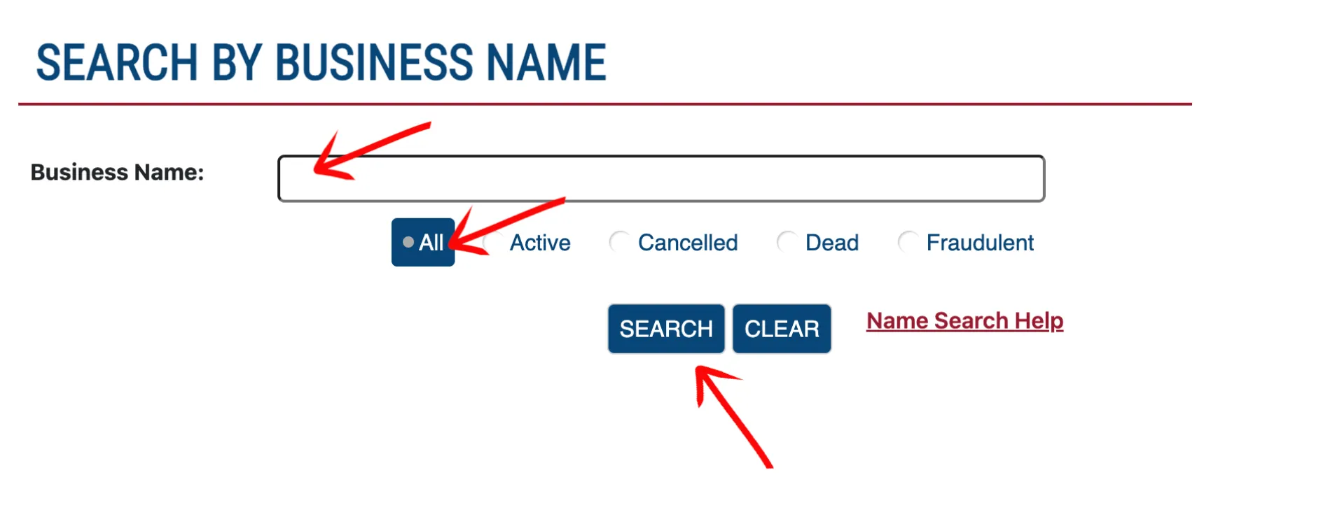 Ohio business search bar with search parameters and radio buttons