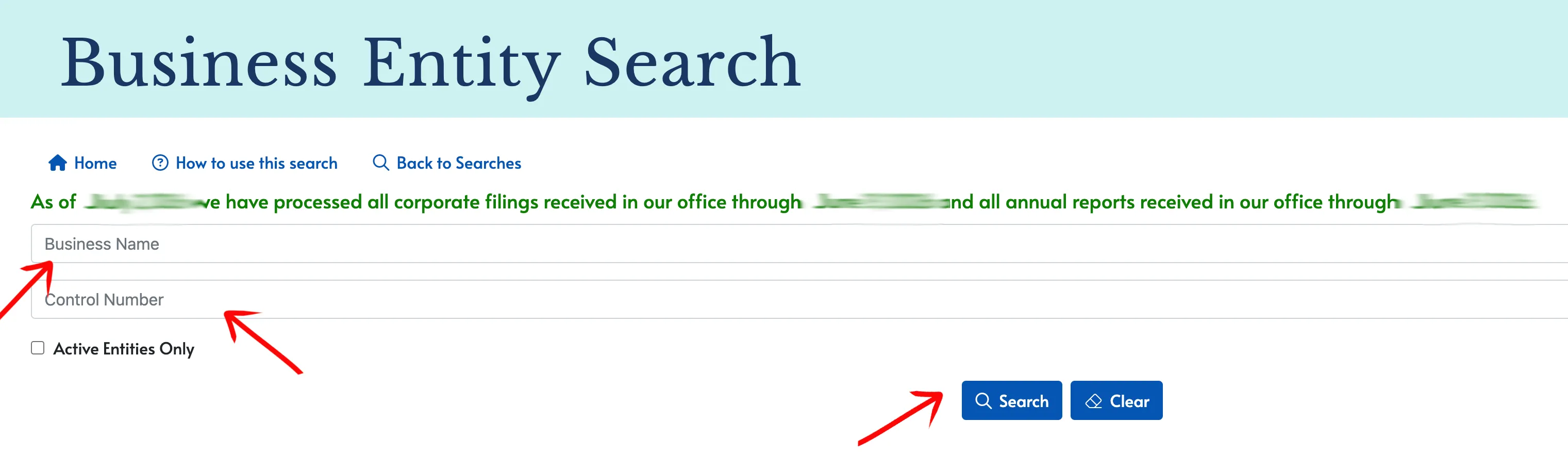 Tennessee search inputs highlighting Business Name and Control Number fields