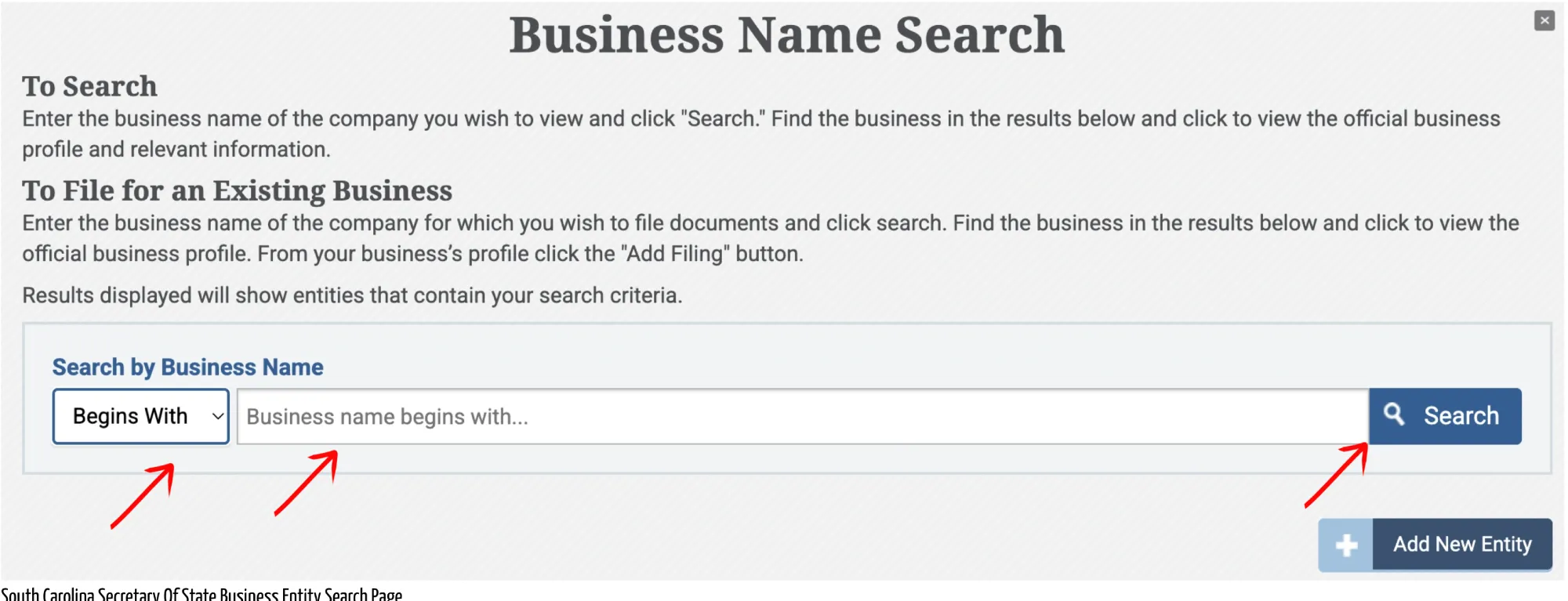 South Carolina search input page showing query options and match dropdown