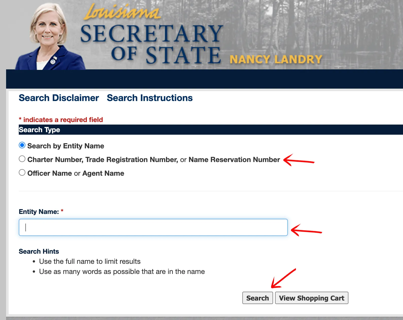 Louisiana search input fields with Name option selected