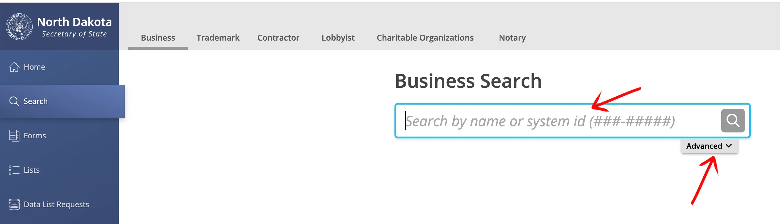 North Dakota search input with advanced tab open