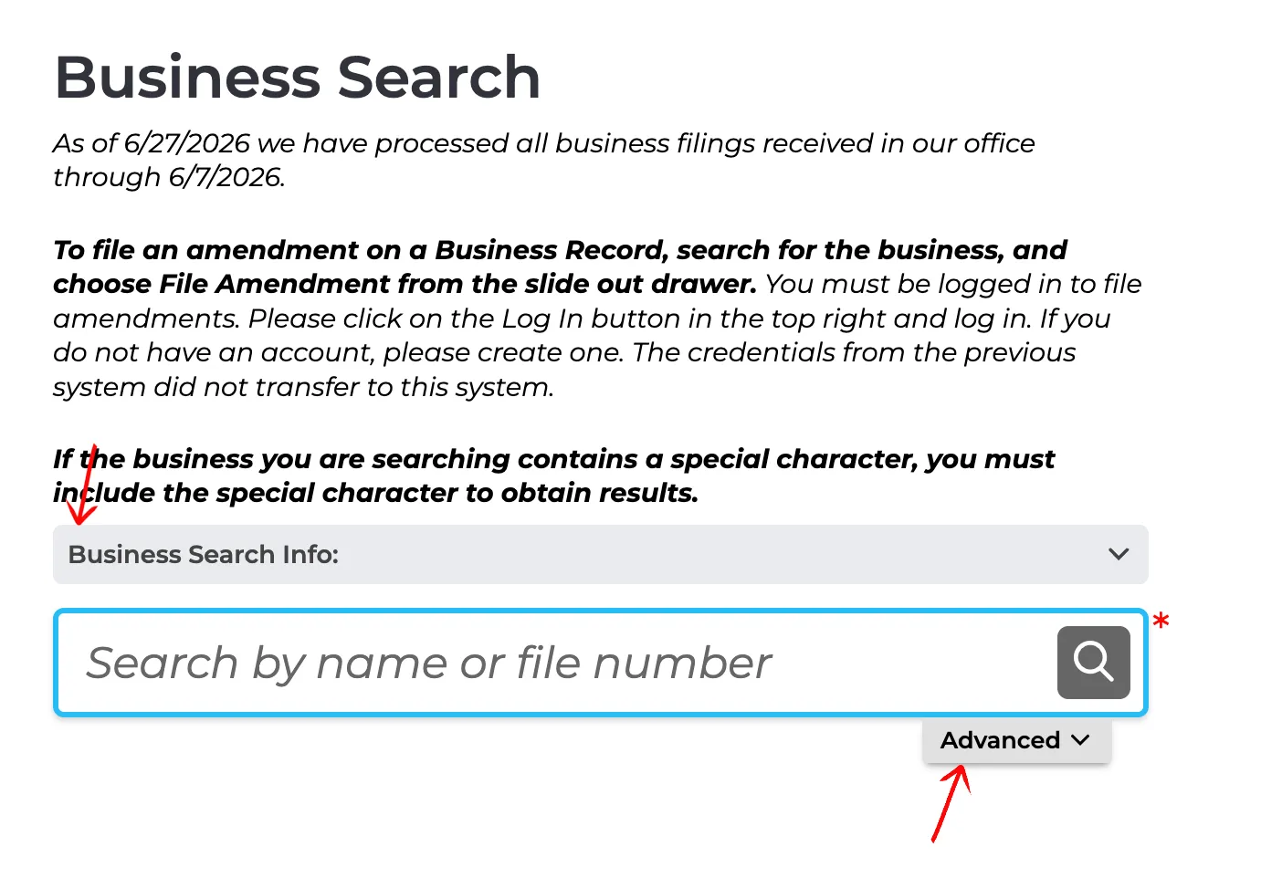 New Mexico search portal highlighting the Advanced search toggle button