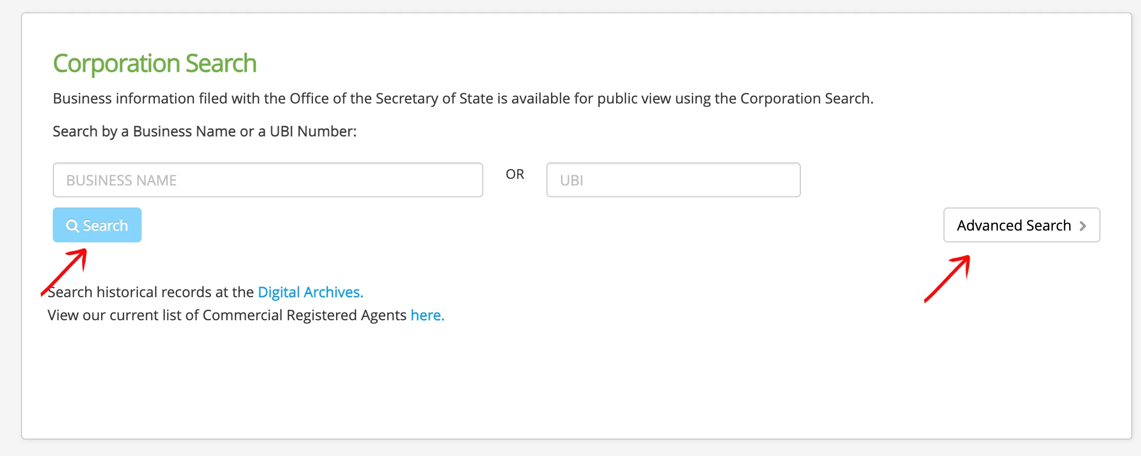 Washington search box showing option to search by business name or UBI number