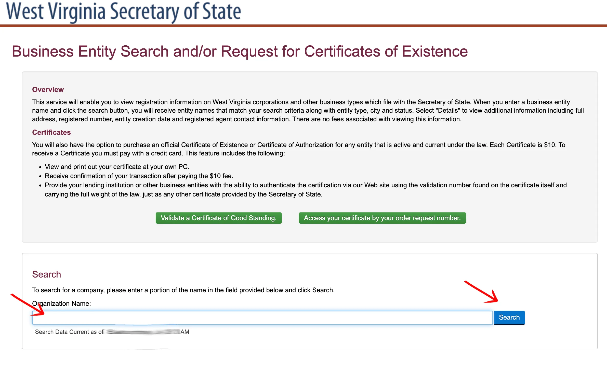 West Virginia search input field showing Organization Name search box