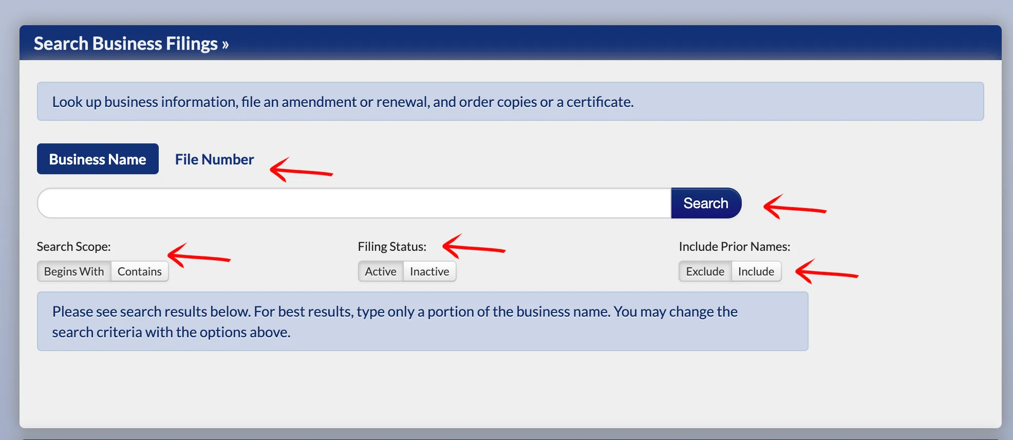 Minnesota search form with guide arrows showing search input, Search Scope, Filing Status, and Include Prior Names options