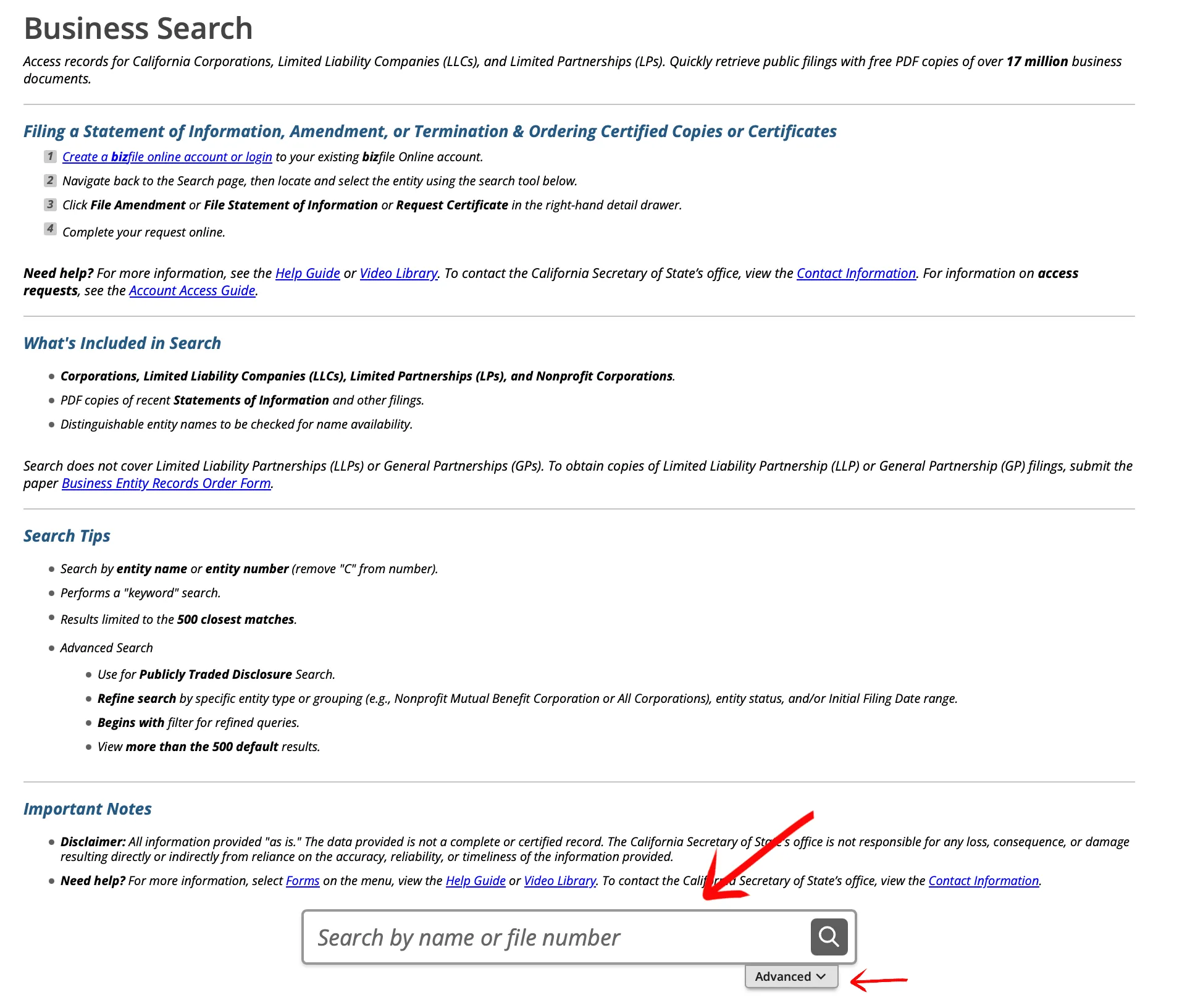 California bizfileOnline basic search input with filing number or business name field