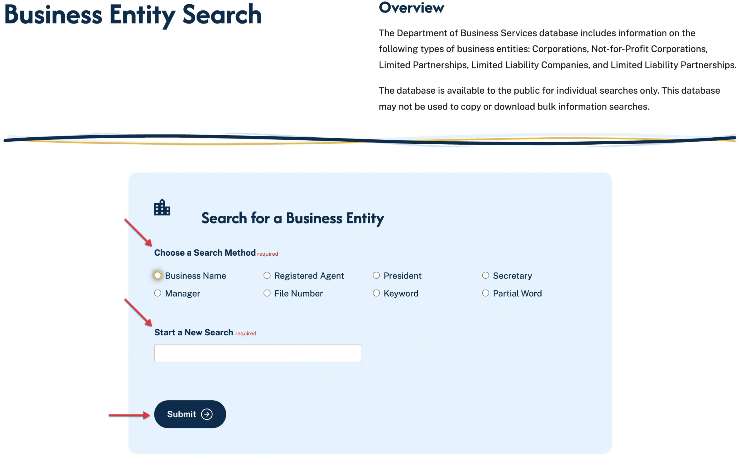 Illinois business entity search form showing search methods, query field, and Submit button