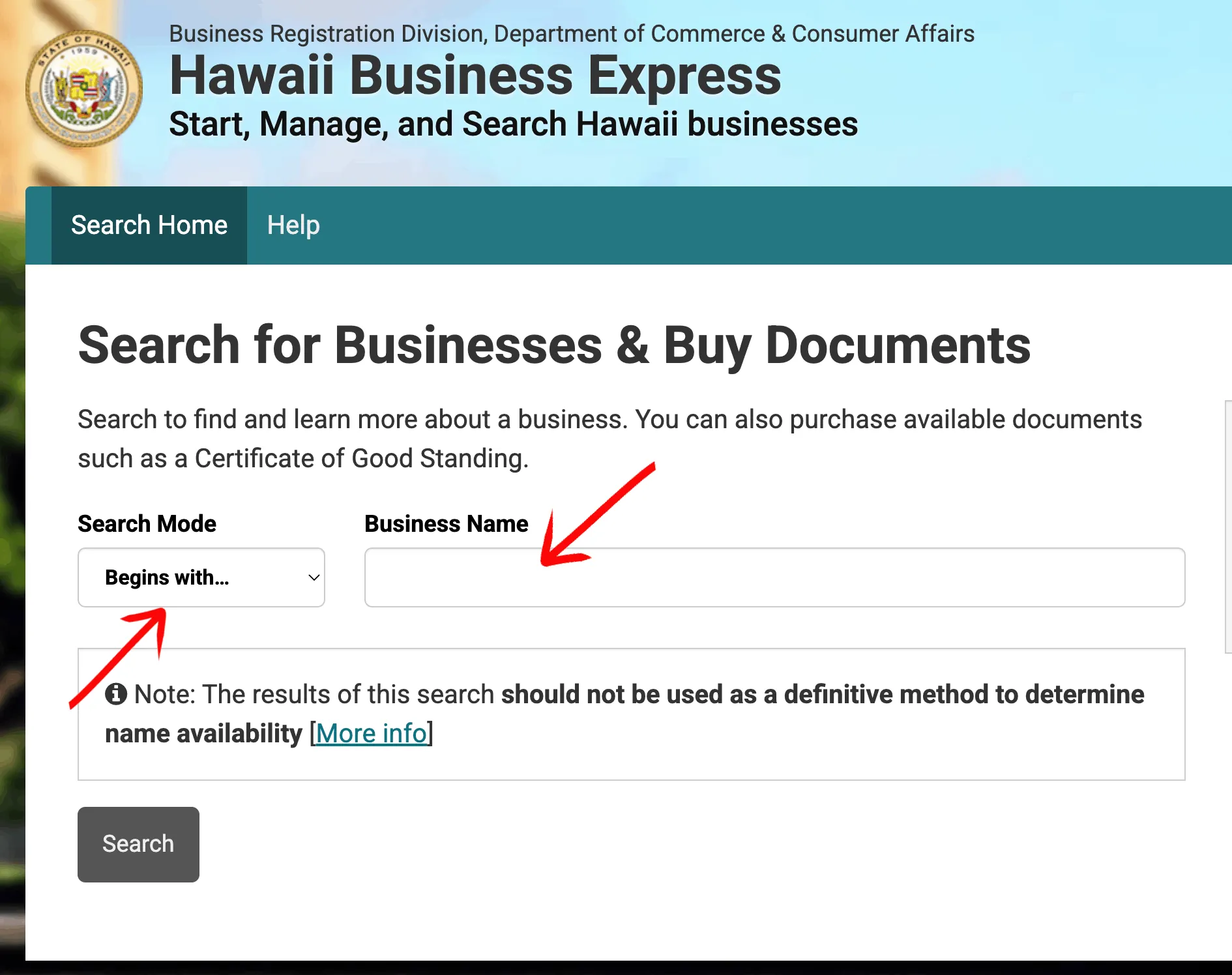 Hawaii search criteria input and filters