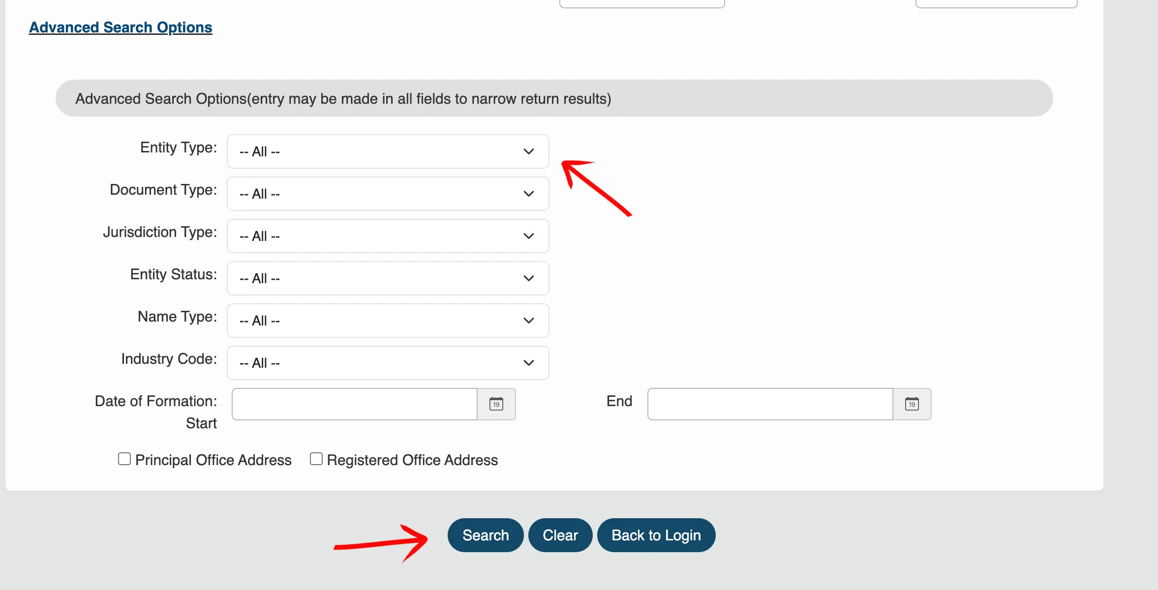 Virginia advanced search options showing filters like Entity Status and Date of Formation
